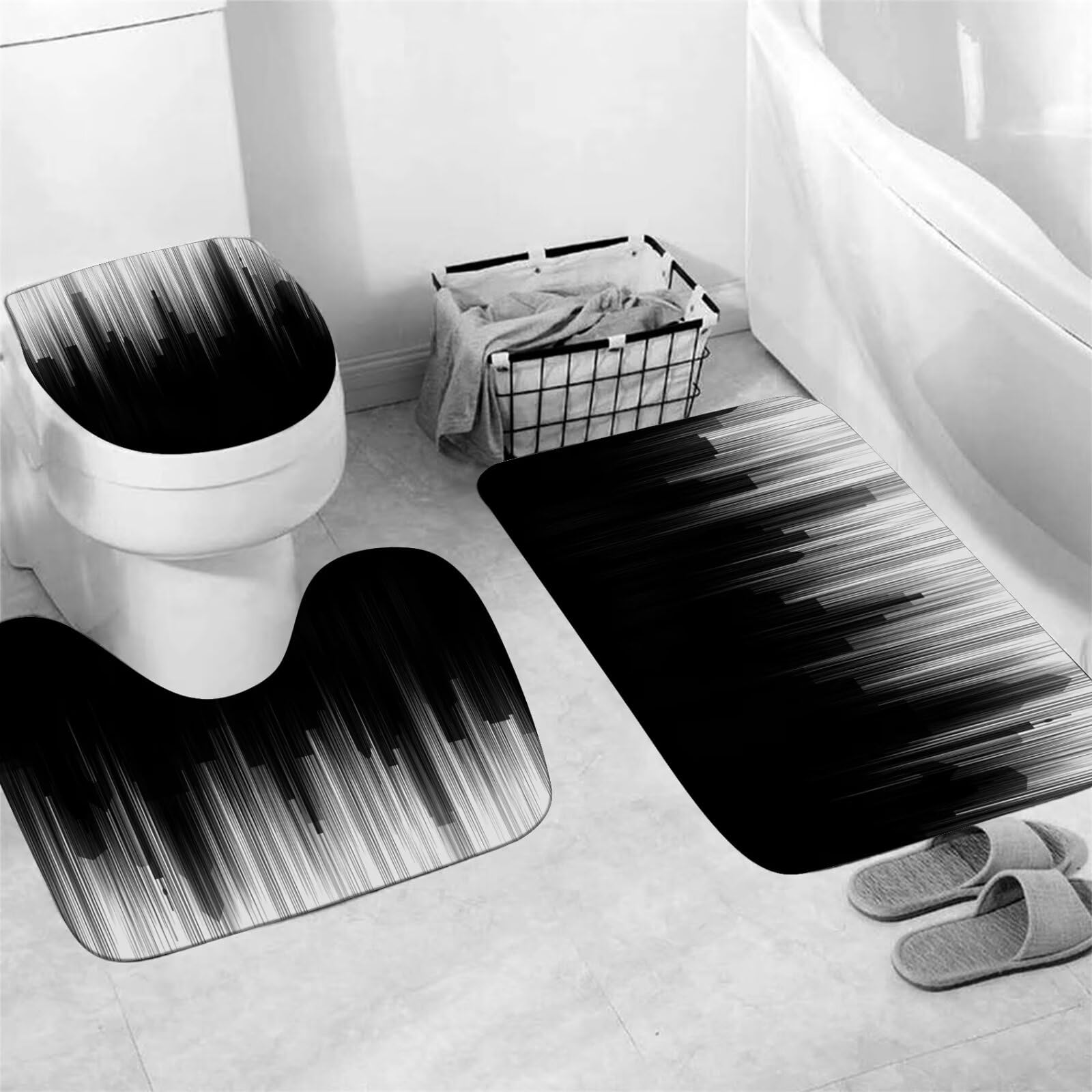 Yddsky 4 Pcs Black And White Shower Curtain Sets Non-Slip Rugs Bath Mat Toilet Cover, U-Shaped Mat, Gradient Shower Curtain With