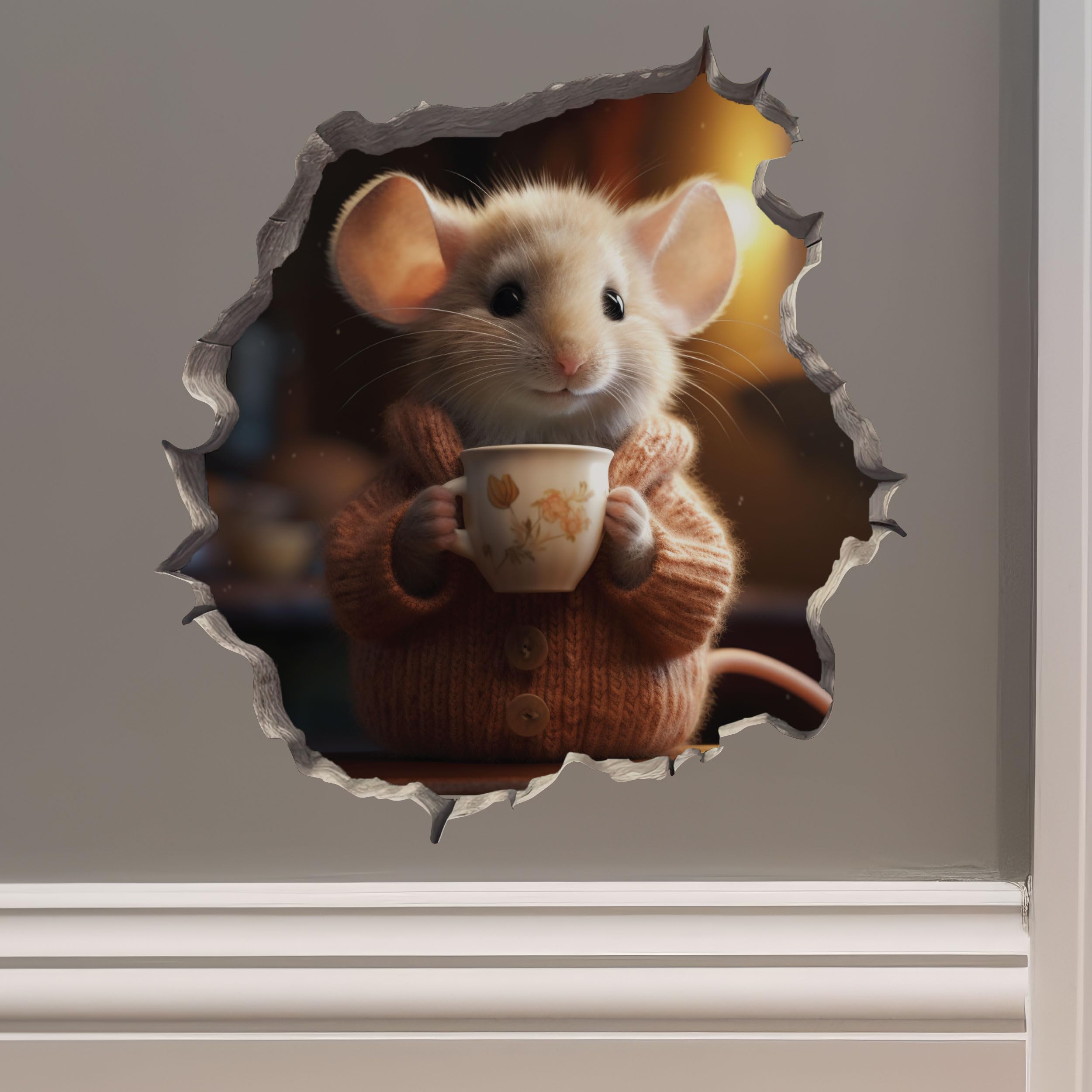 Coffee Lover Mouse Wall Hole Decal - Mouse Wall Sticker With 3D Effect