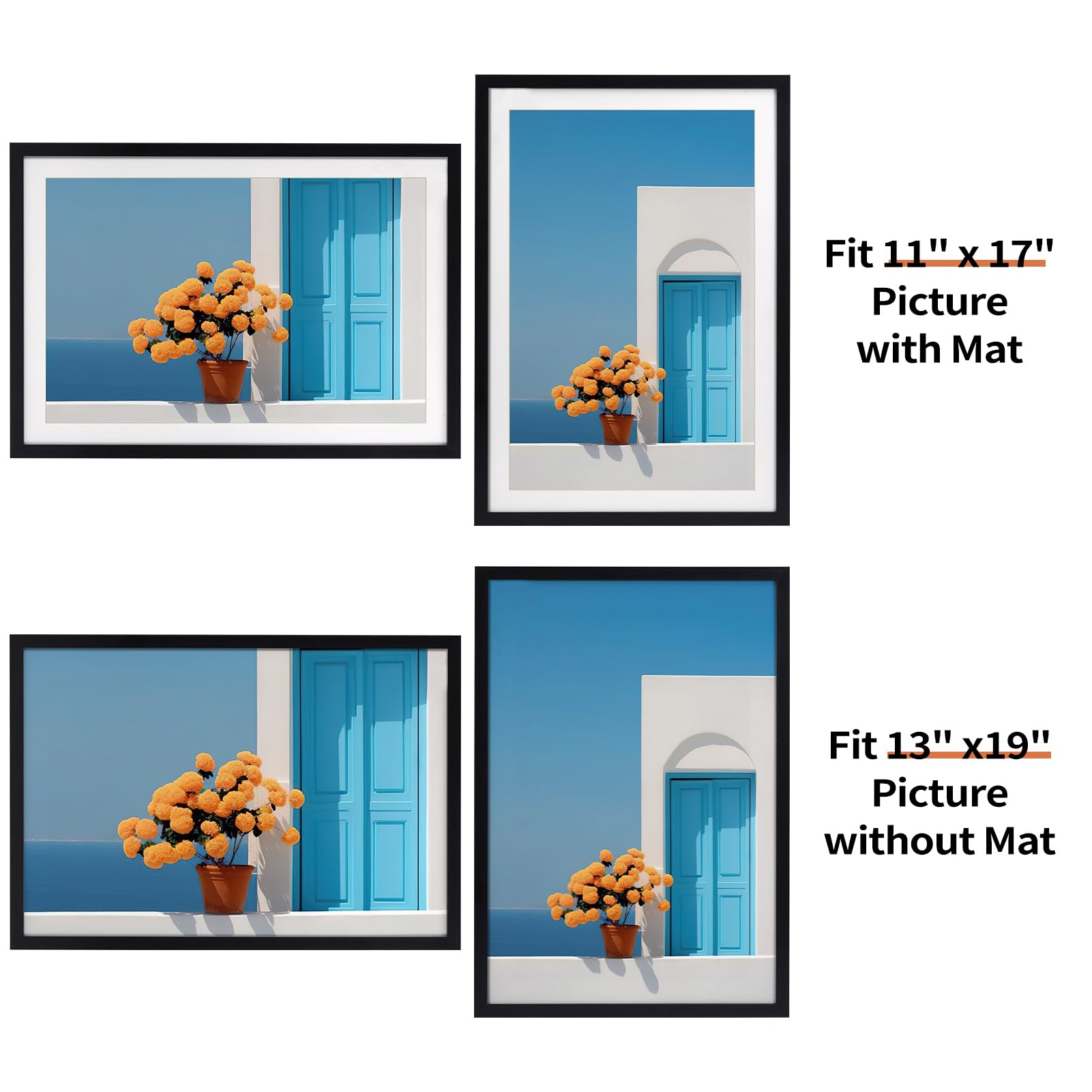 Rempry 13x19 Picture Frame, Display Pictures 11x17 with Mat or 13x19 Without Mat, Wall Hanging or Tabletop Photo Frame, Black Po