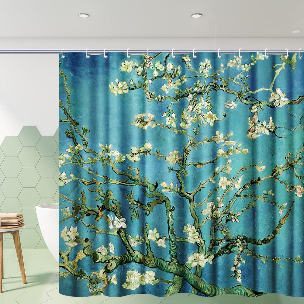INVIN ART Bathroom Shower Curtain Set with Hooks Almond Blossom by Van Gogh Home Art Paintings Pictures for Bathroom