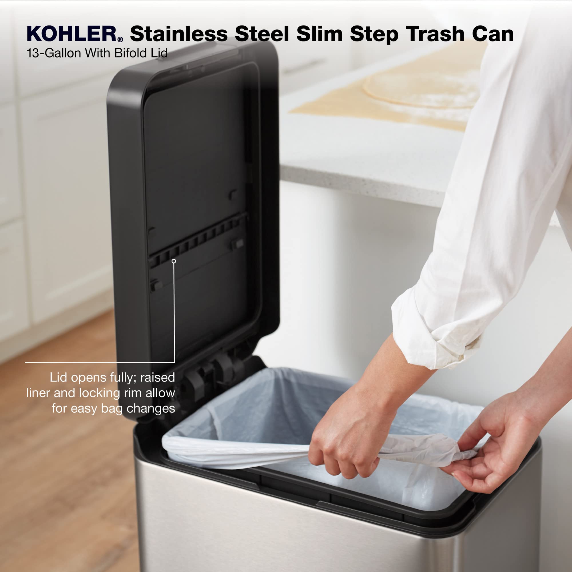 Kohler 23826-Stw 13 Gallon Elongated Kitchen Step Trash Can With Foot Pedal, Soft Close Lid, White Stainless Steel