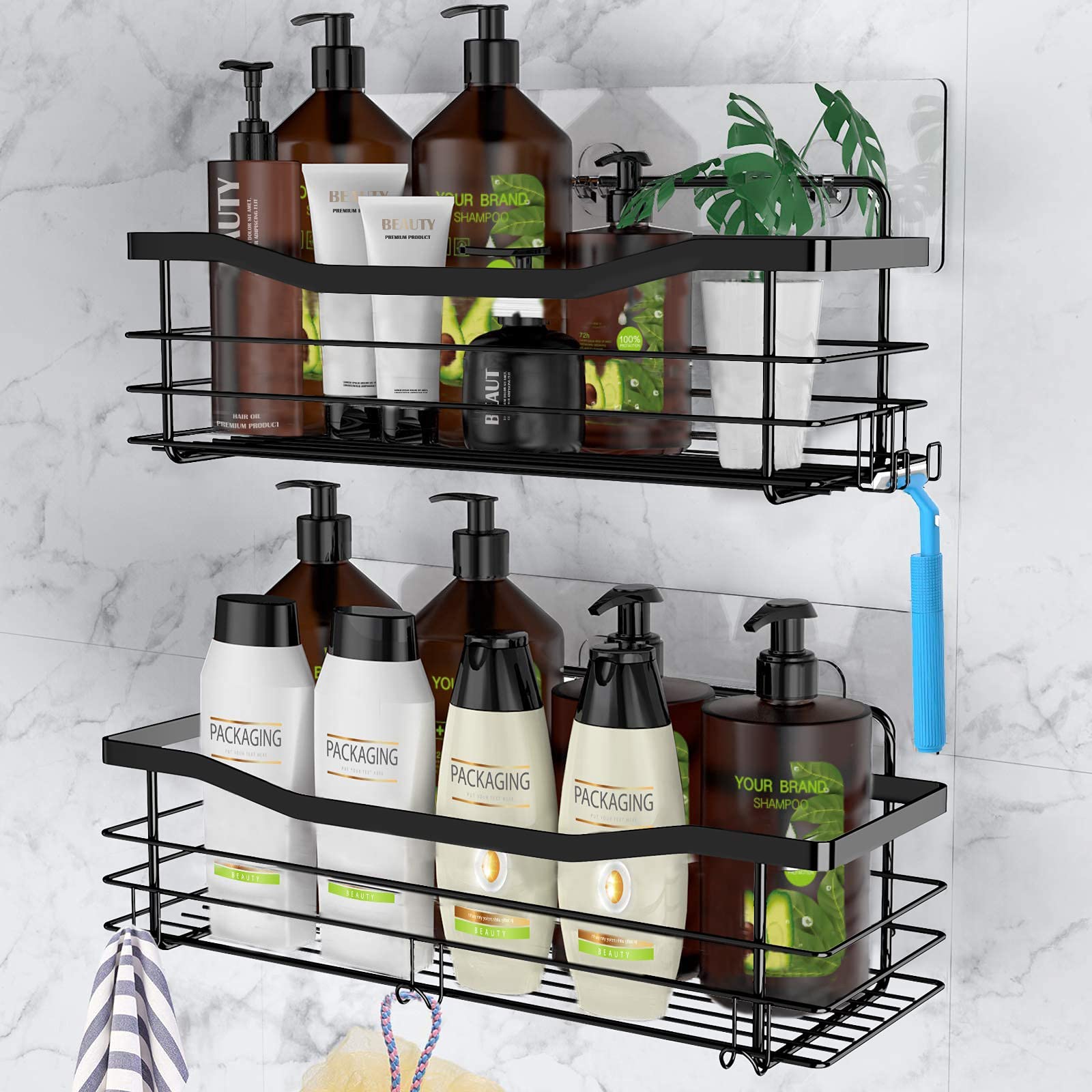 Orimade Adhesive Shower Caddy Shelf With 5 Hooks Organizer Storage Rack Rustproof Wall Mounted Stainless Steel No Drilling For B