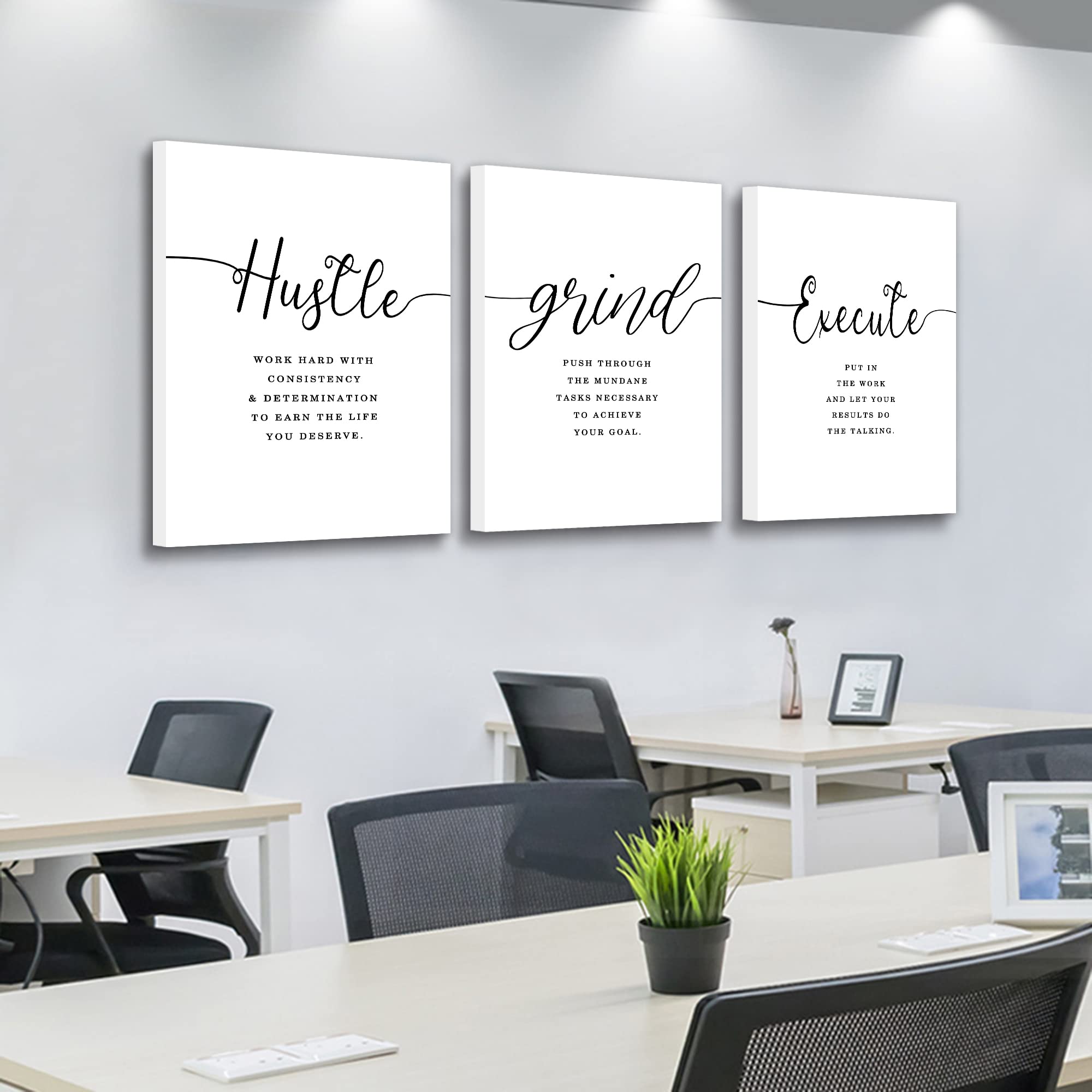 Framed Canvas Wall Art Hustle Quote, Office Wall Art, White Large Poster, Positive Motivational Set Of 3 Prints, Execute Hustle