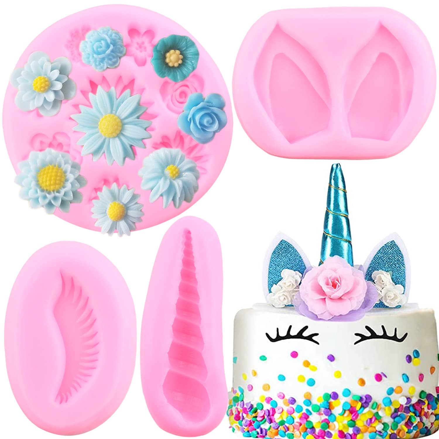 Mujiang Unicorn Silicone Mold Unicorn Horn Ears Eyelash Rose Daisy Flower Fondant Molds For Cake Decorating Cupcake Topper Choco