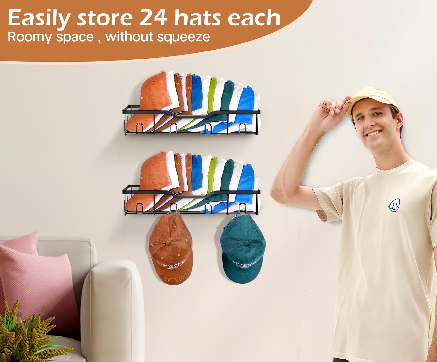 KEETDY Metal Baseball Cap Rack Organizer - Wall Mounted, Sturdy, Holds 20 Caps, Large, Black, Model B0CKMQK5Y8