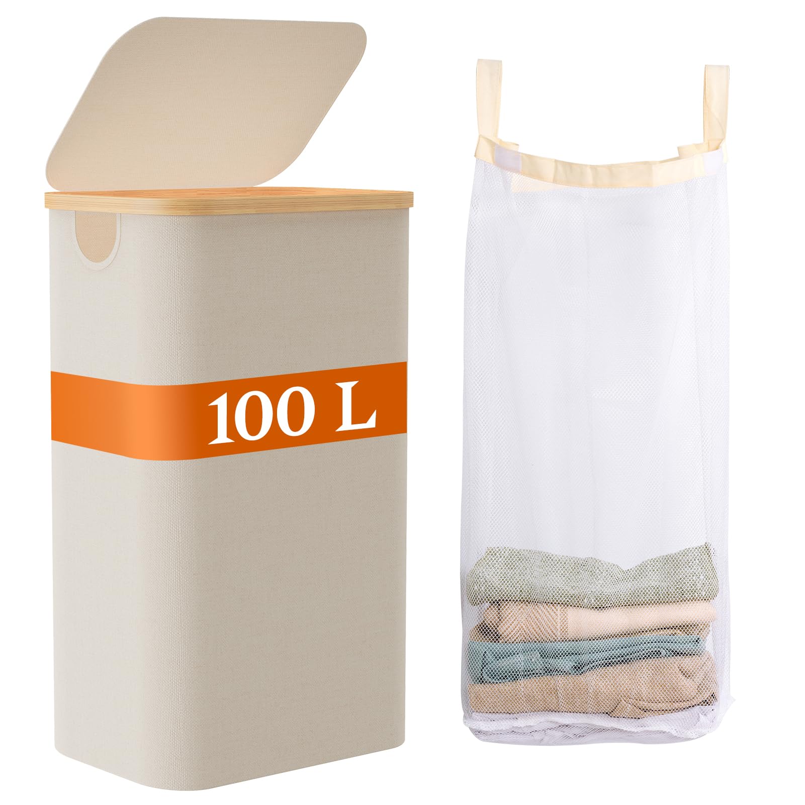 JOLLYIN Laundry Baskest with Lid, 100L Large Tall Laundry Hamper with Removable Bag, Collapsible Laundry Hamper for Bedroom, Bat