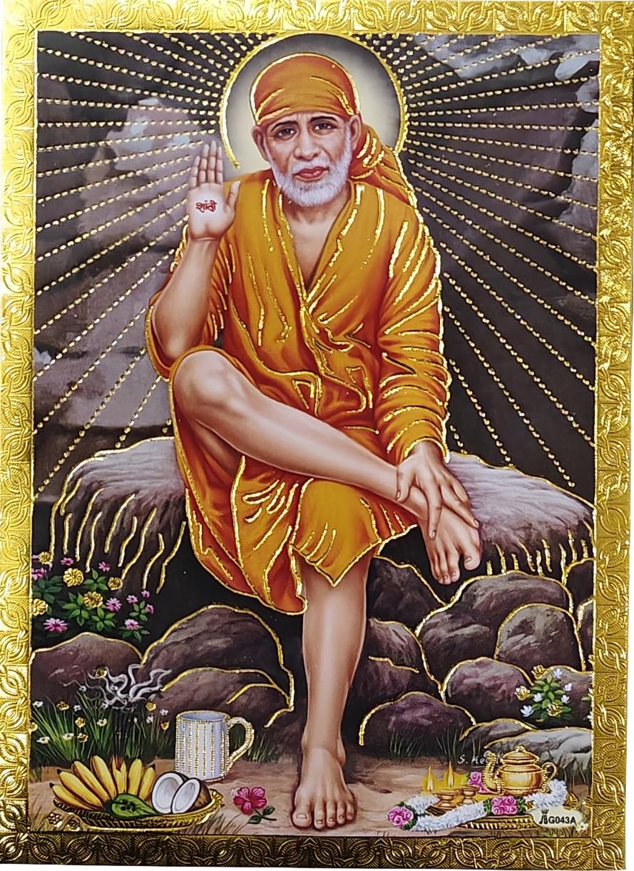Rastogi Handicraft Best Of Indian Reprint Hindu God Poster/Picture With Golden Foil Unframed (Sai-Baba-Of-Shirdi-7''X5'')