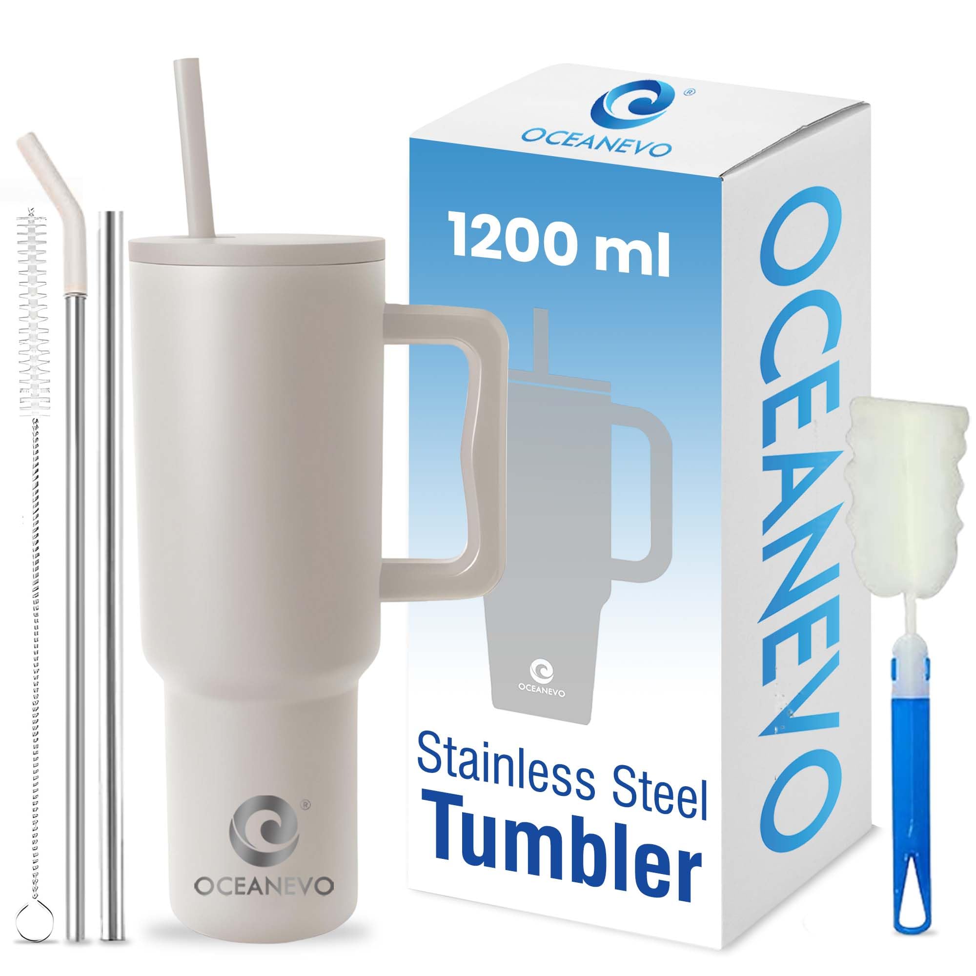 Oceanevo 1200 Ml Stainless Steel Tumbler With Lid And 3 Straws, Double Insulated Cup With Handle For Hot And Cold Beverages, 100