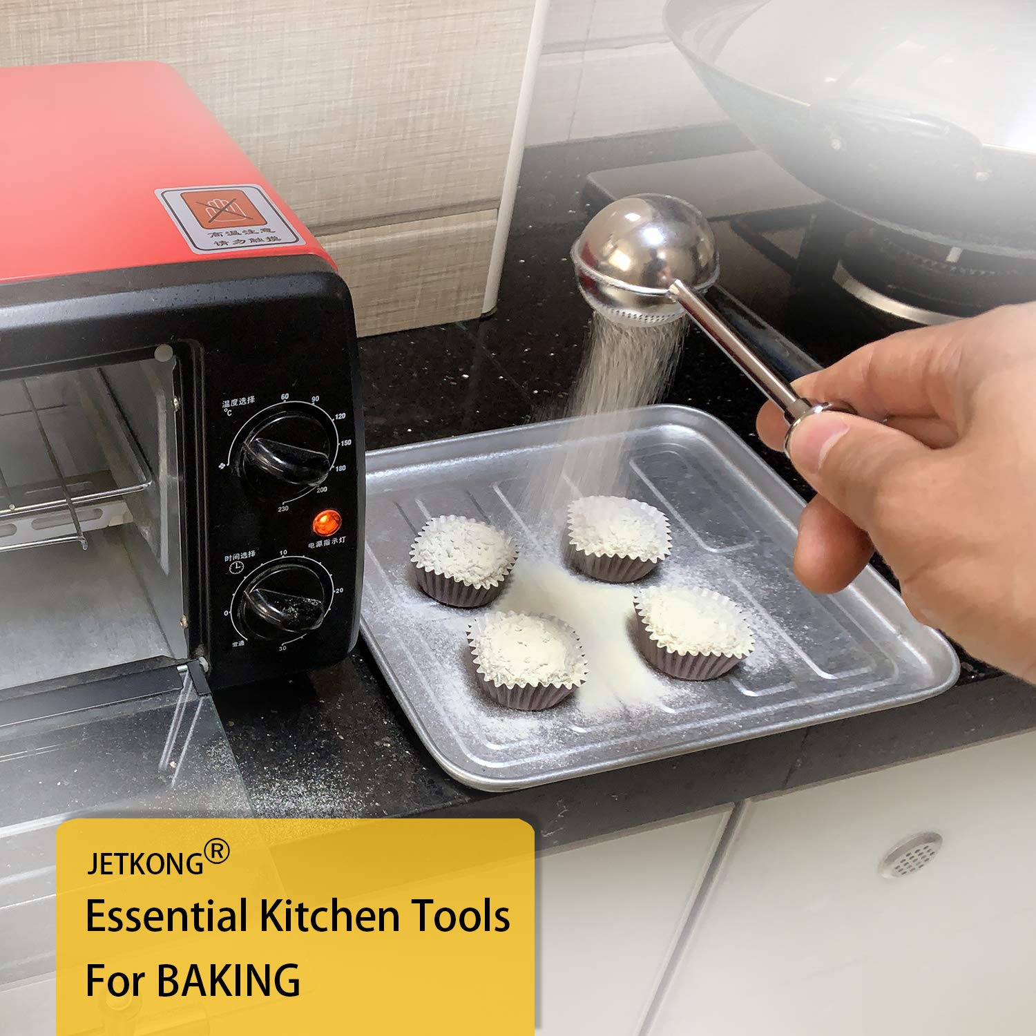 Jetkong Powdered Sugar Shaker Duster Flour Dispenser Shaker With 18/8 Stainless Steel Spring-Operated Handle For Sugar Flour And