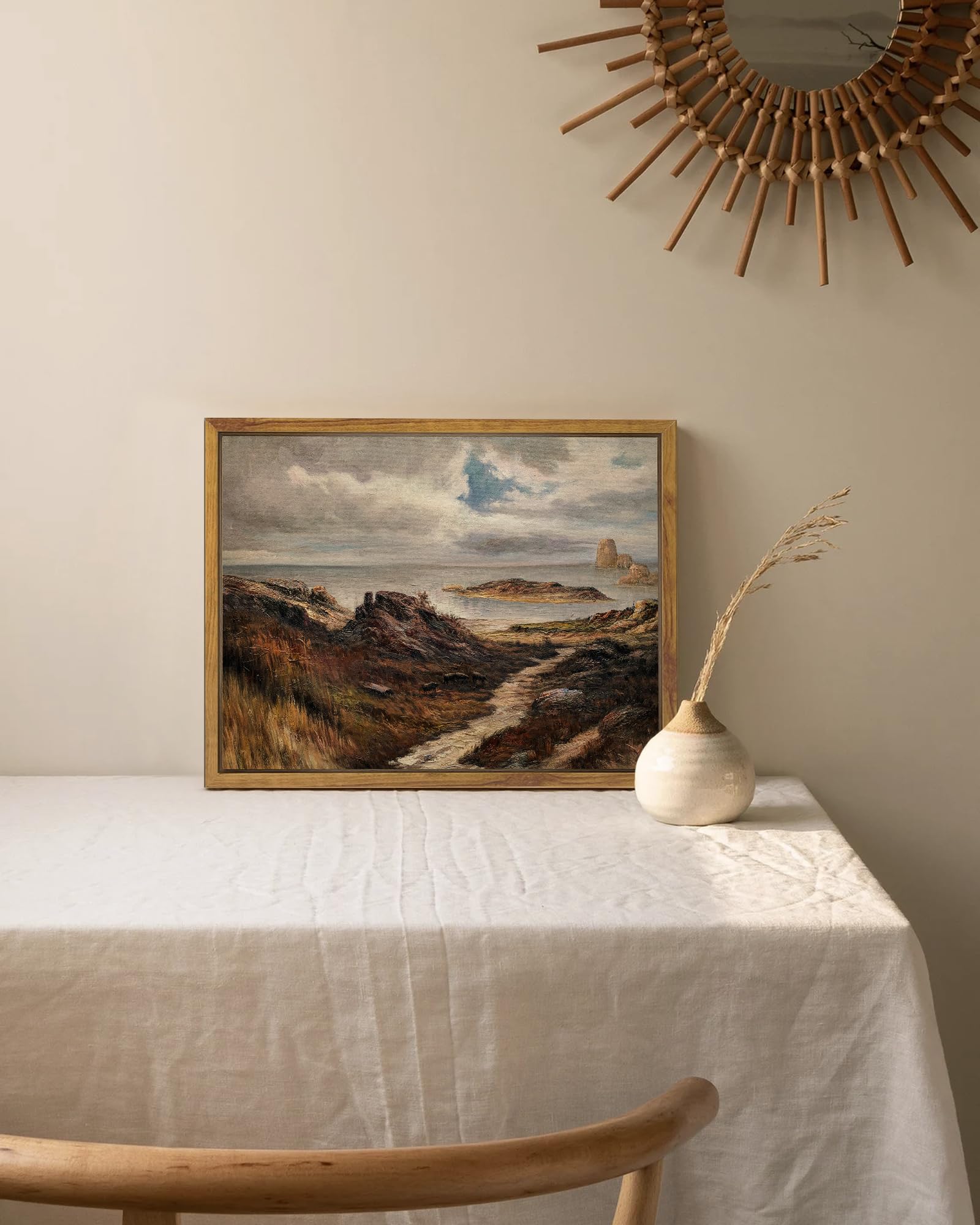 Shenify Landscape Framed Canvas Wall Art Vintage Classical Seaside Path Wilderness Prints Modern Hallway Kitchen Office Decor -