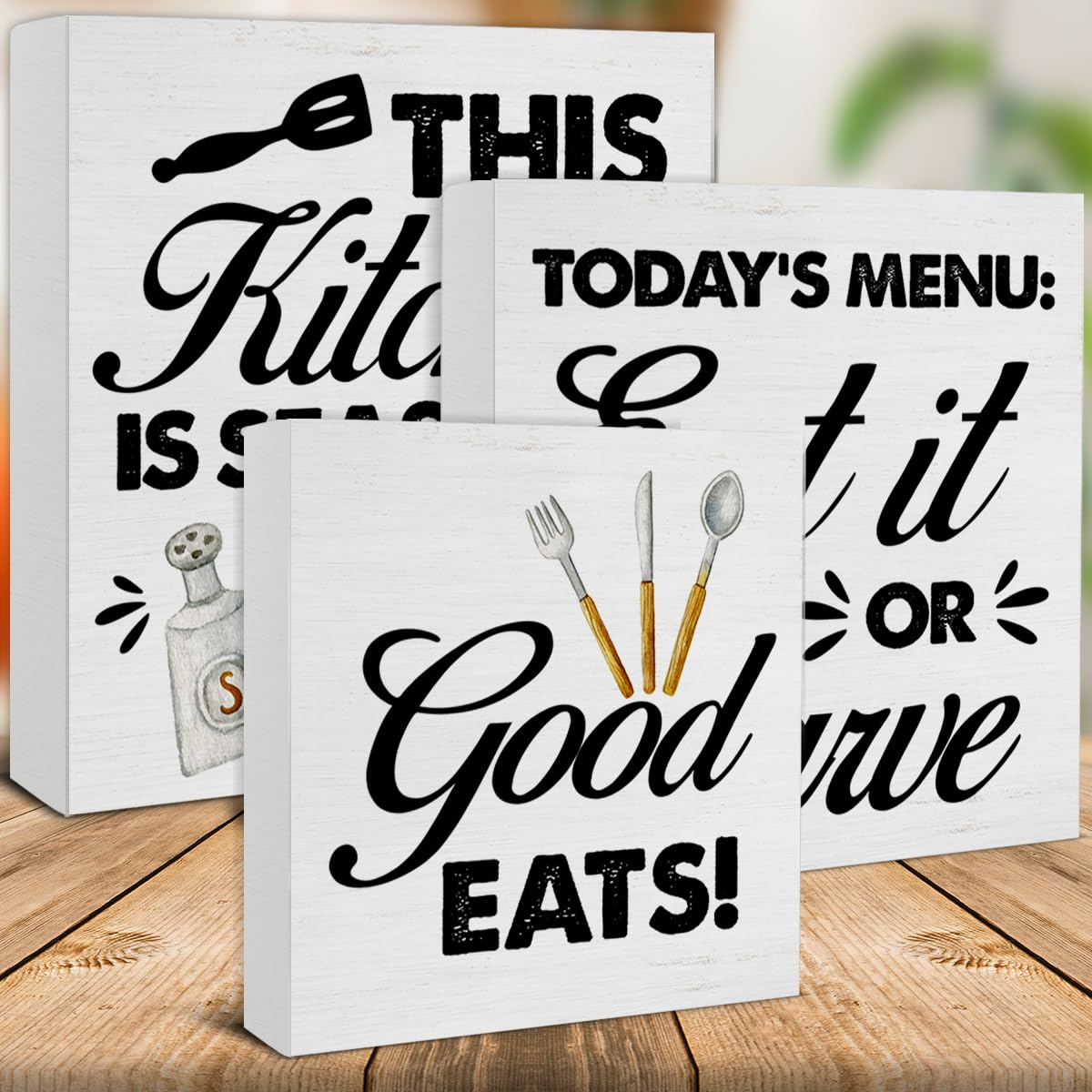 Qlnuk Kitchen Wood Signs Home Decor Funny Kitchen Wooden Blocks Signs for Tiered Tray Table Desk Shelf Decor Set of 3
