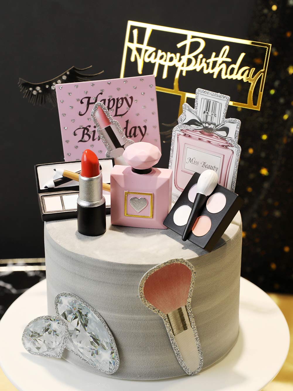 MEMOVAN Makeup Cake Topper 4 Pack  Resin Cosmetics Lipstick Perfume Bottle Eye Shadow Blush Makeup Cake Decorations for Bridal Shower Bachelorette Girl Women Spa Makeup Themed Birthday Party Supplies
