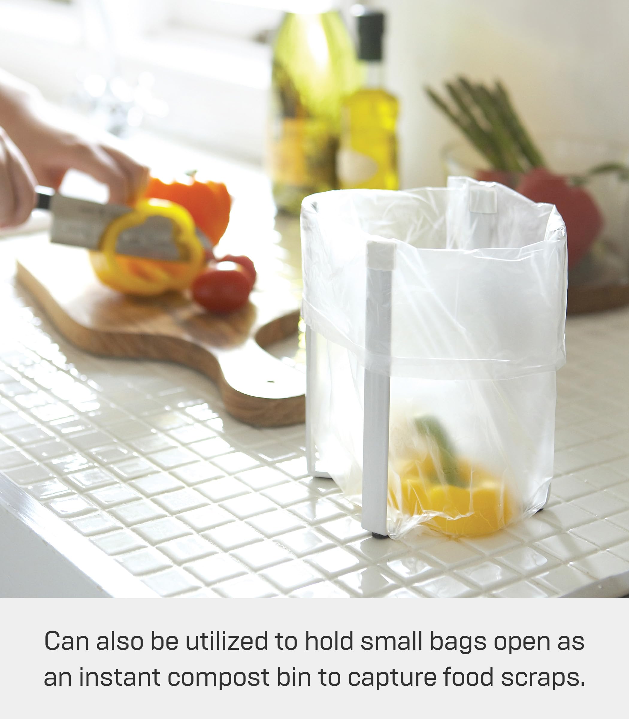 Yamazaki Home Tower Kitchen Multi Eco Stand - Multifunctional Compost Bag And Small Bottle Holder - Small - Steel
