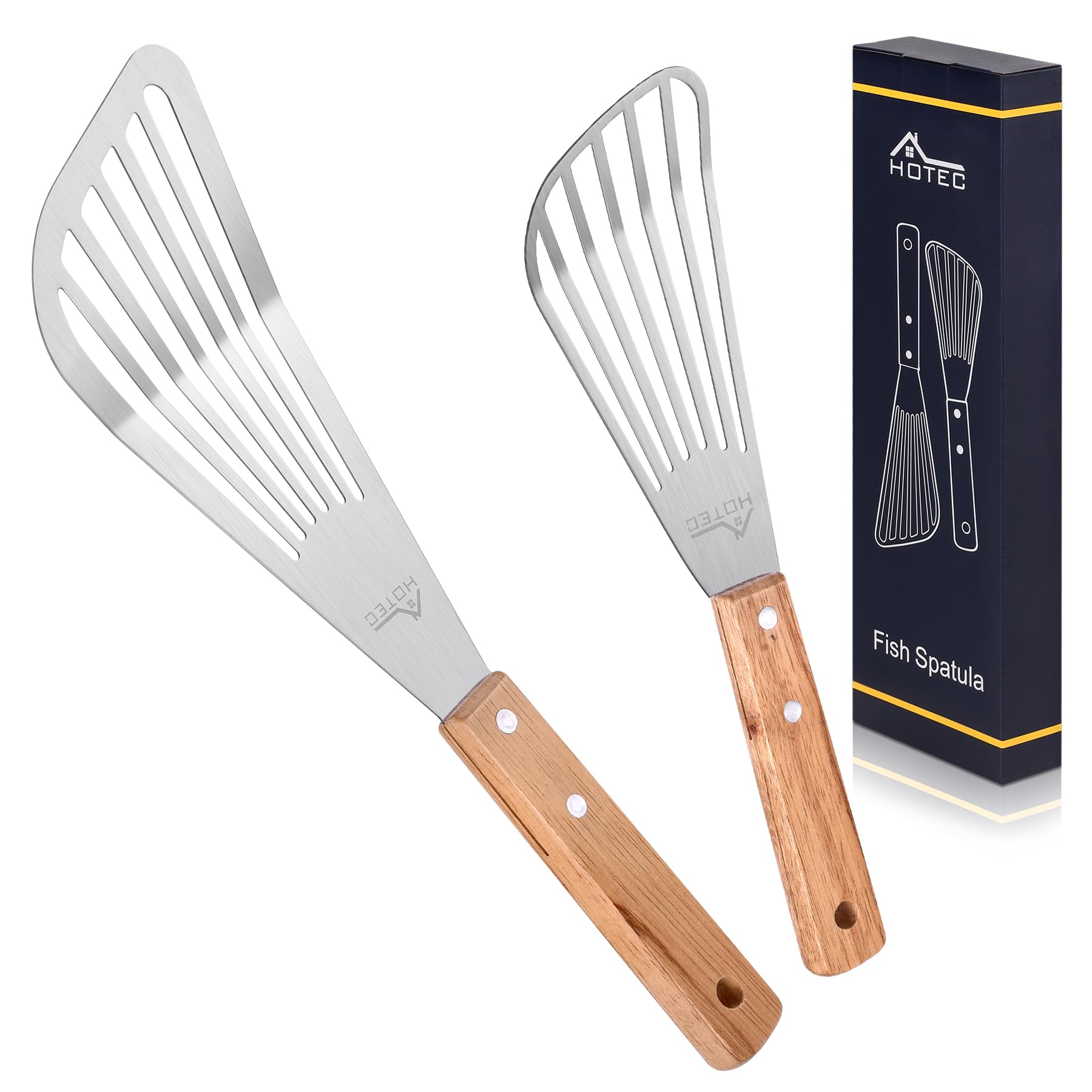 Hotec Stainless Steel Thin Slotted Fish Turner Spatula, Wooden Handle With Sloped Head Design, Durable And Lightweight, Metal Sp