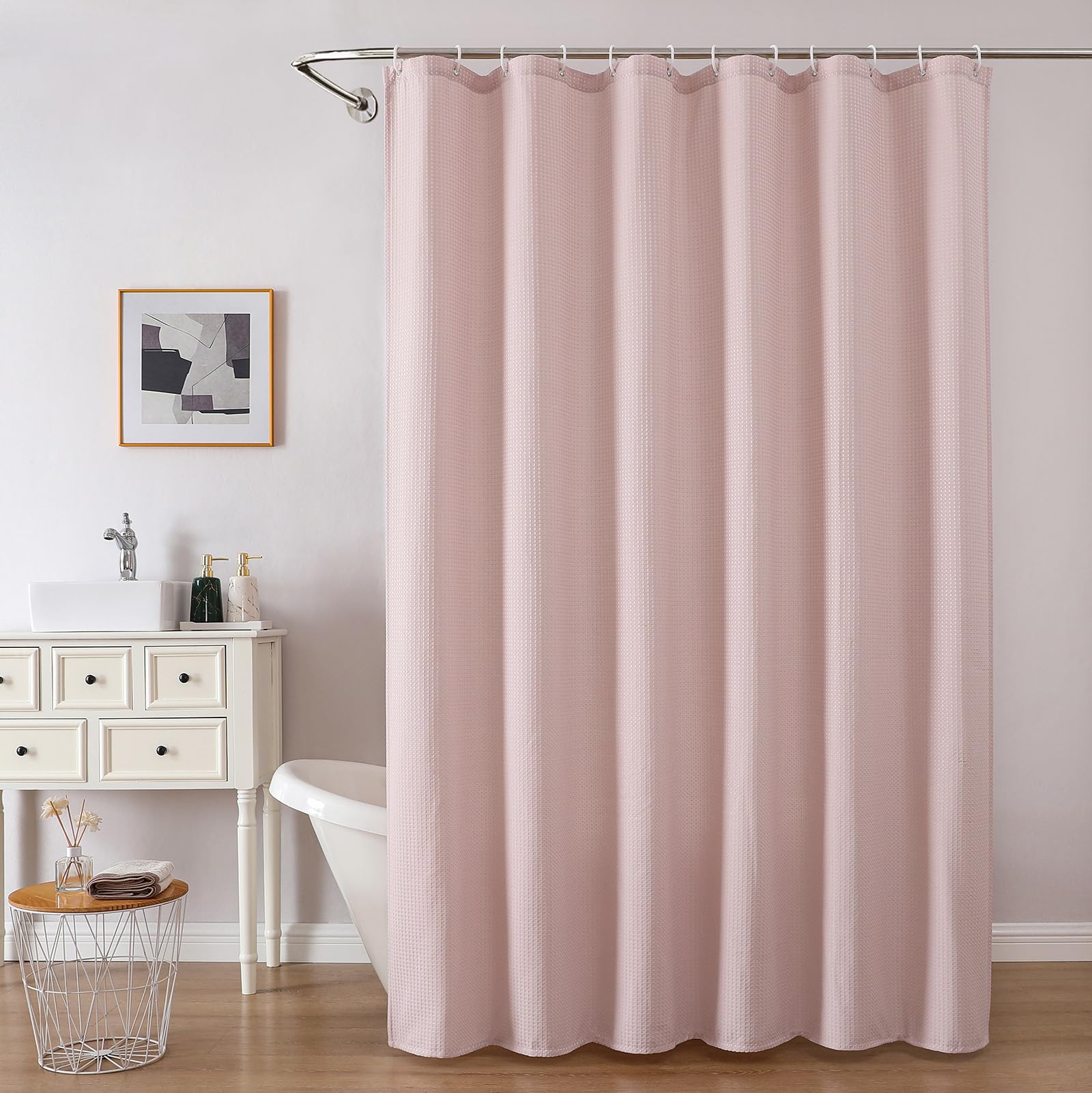 OVZME Blush Pink Shower Curtain Set, 72x72" Heavy Duty Fabric, Waffle Textured, Machine Washable with 12 Hooks