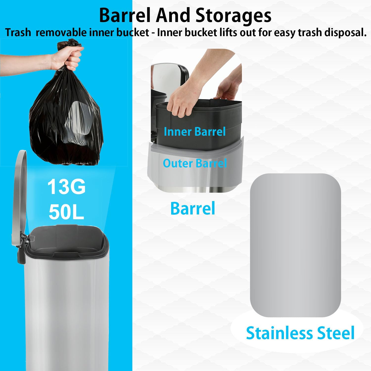 Paylesshere 13 Gallon (50L) In Home Recycling Bin Kitchen Stainless Steel Recycling Bin With Lid Removable Inner Bucket Foot Ped
