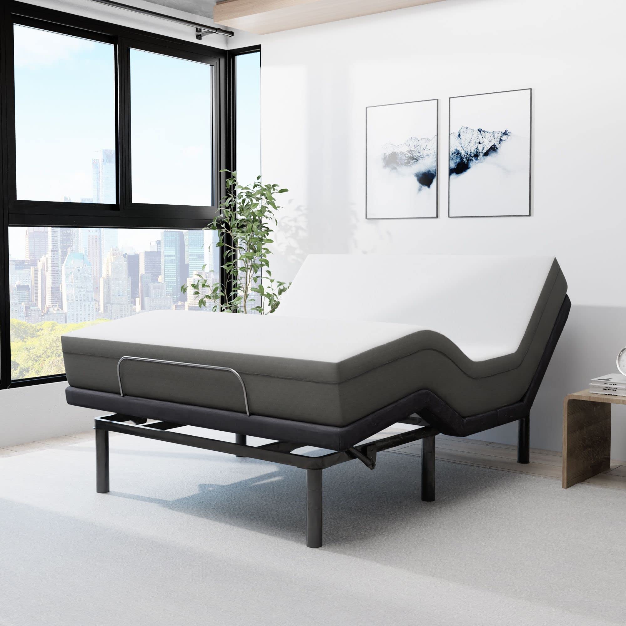 Blissful Nights E4 Queen Adjustable Bed Base Frame With 10'' Medium Firm Gel Infused Memory Foam Mattress