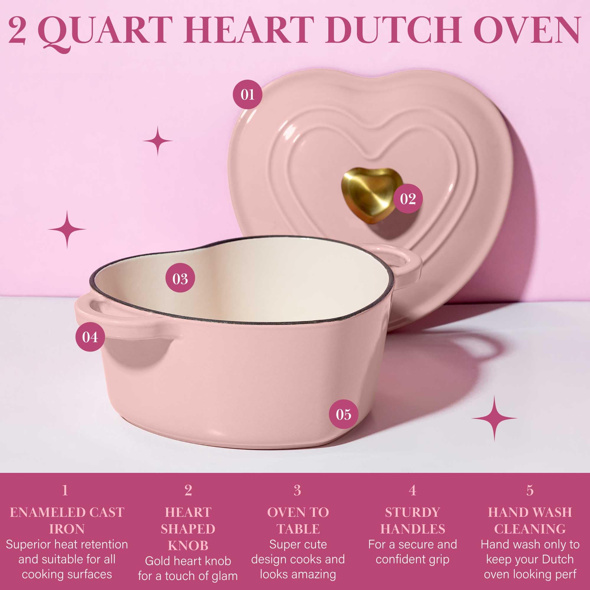 Paris Hilton Enameled Cast Iron Dutch Oven, 2-Quart, Pink, Heart-Shaped, Oven Safe to 500°F, Works on All Stovetops