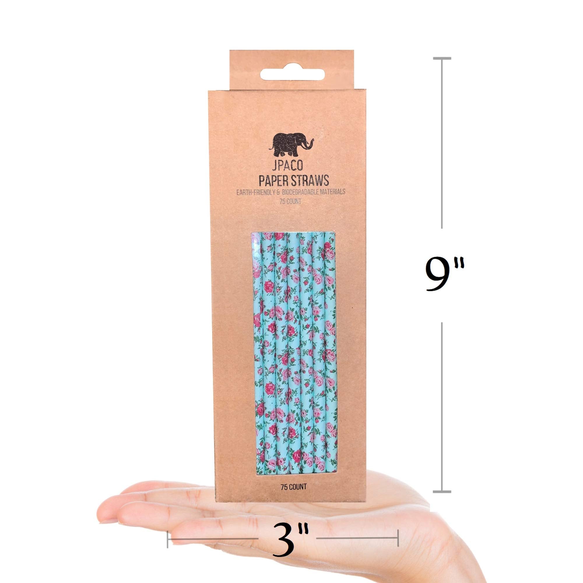 75-Pack Biodegradable Floral Paper Straws - Pink, Blue, Yellow - Vintage Flower & Rose Design - Eco-Friendly Disposable Straws F