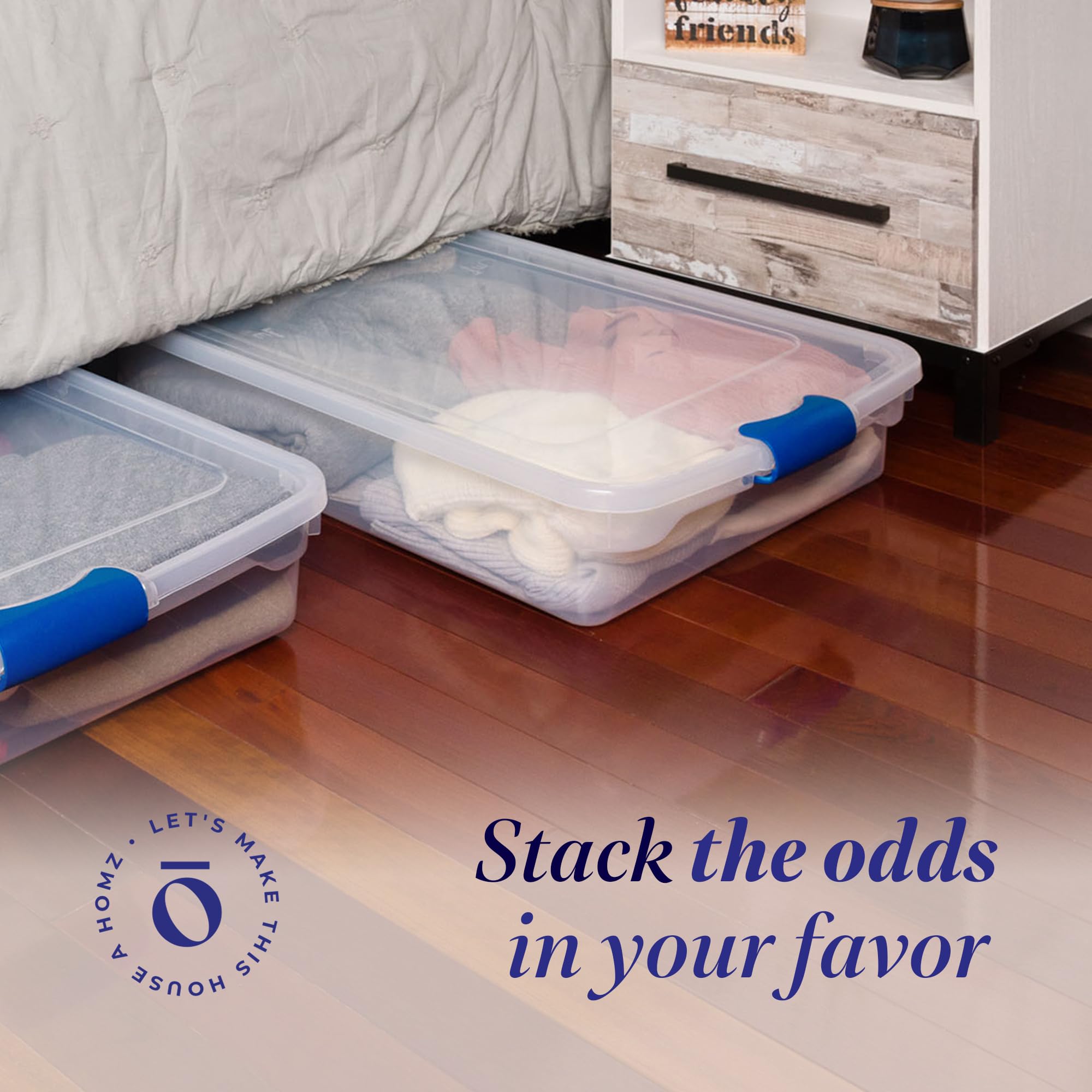 HOMZ 2-Pack Under Bed Storage Containers, 60 QT, Clear Plastic with Blue Latch
