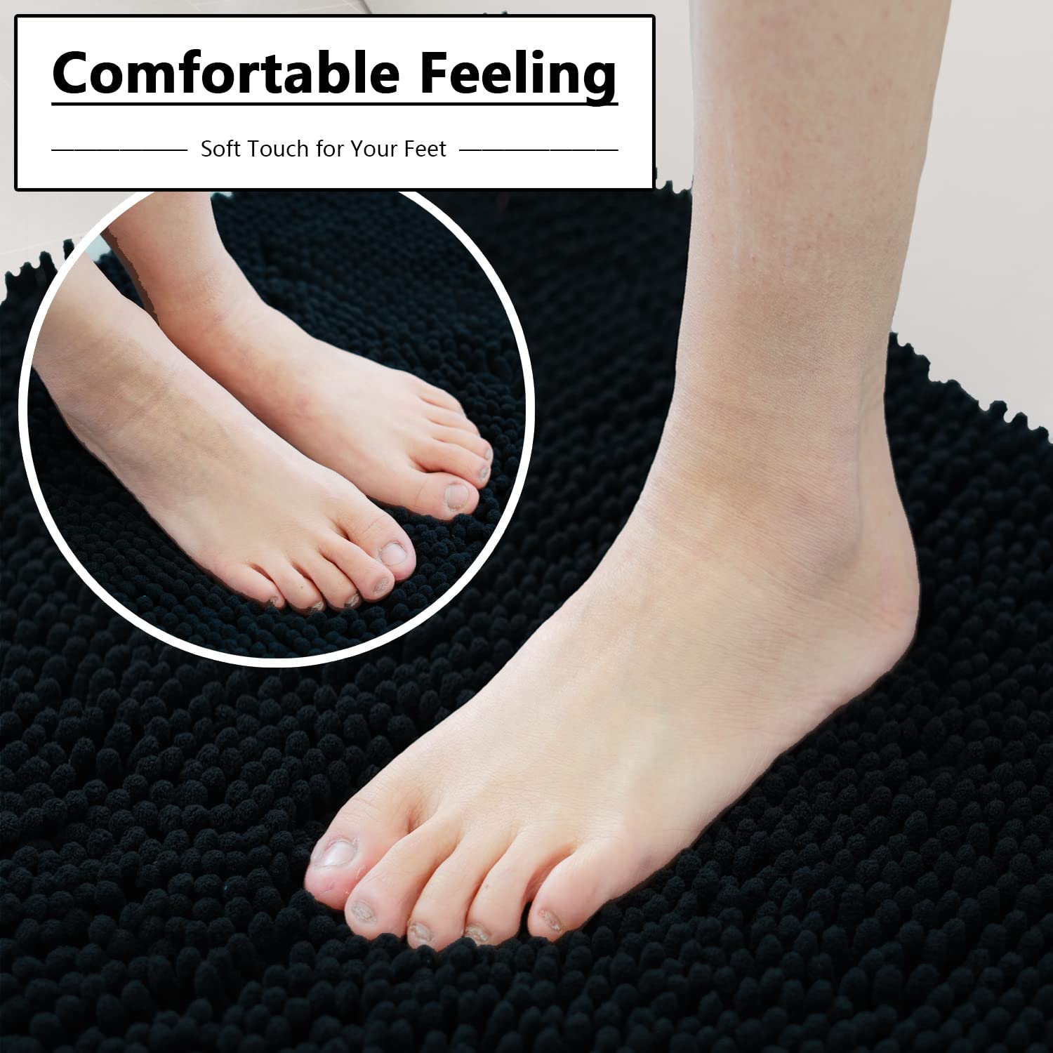 Black Bathroom Rug Chenille 3-Piece Extra Soft and Absorbent Shag Bathroom Rugs  Machine Wash Mat  Strong PVC Non-Slip Underside  Plush Carpet Mats (Black)