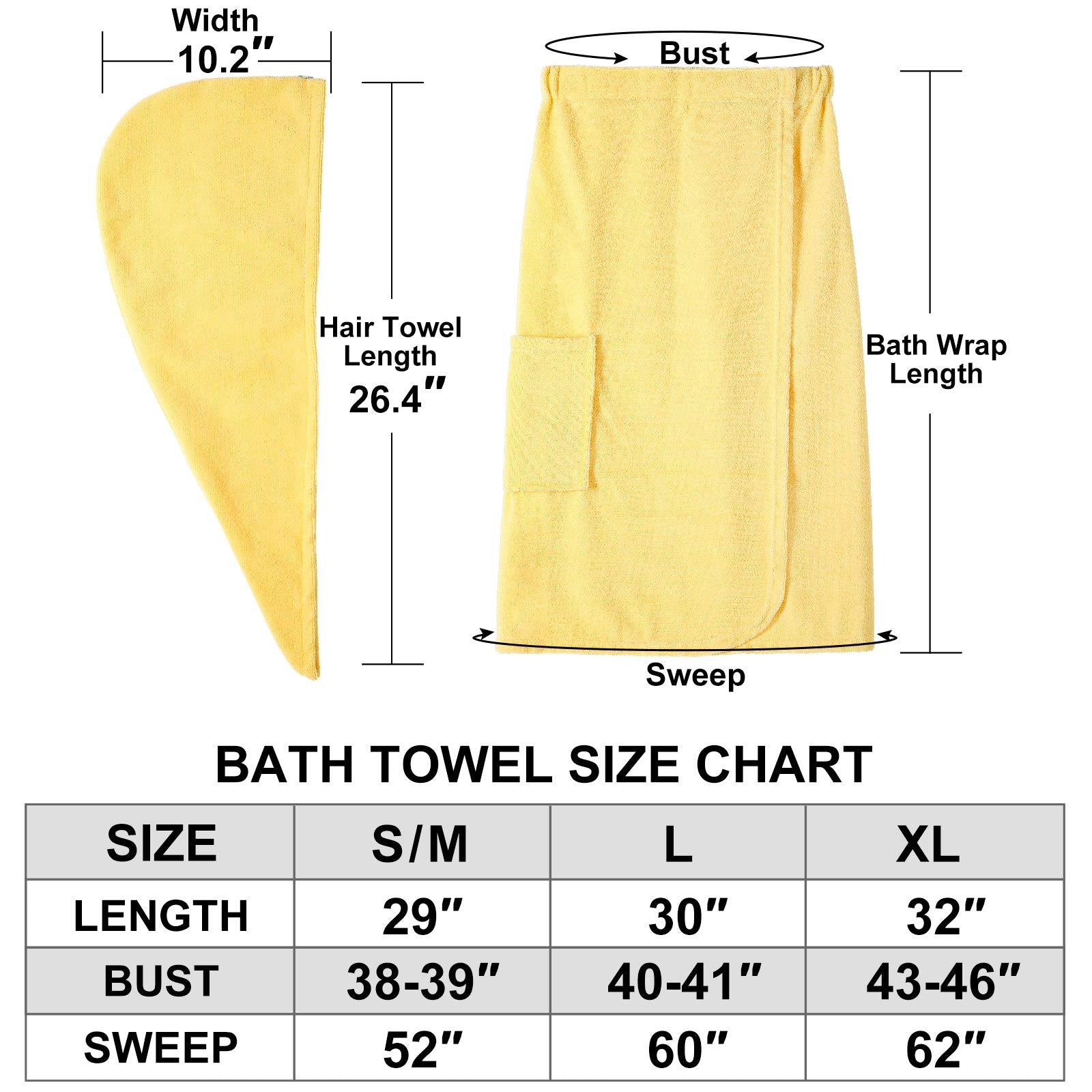 Orrpally Women Shower Wrap Robe Bath Wrap Towel Spa Body Wrap Adjustable Closure Bathrobe Yellow Xl