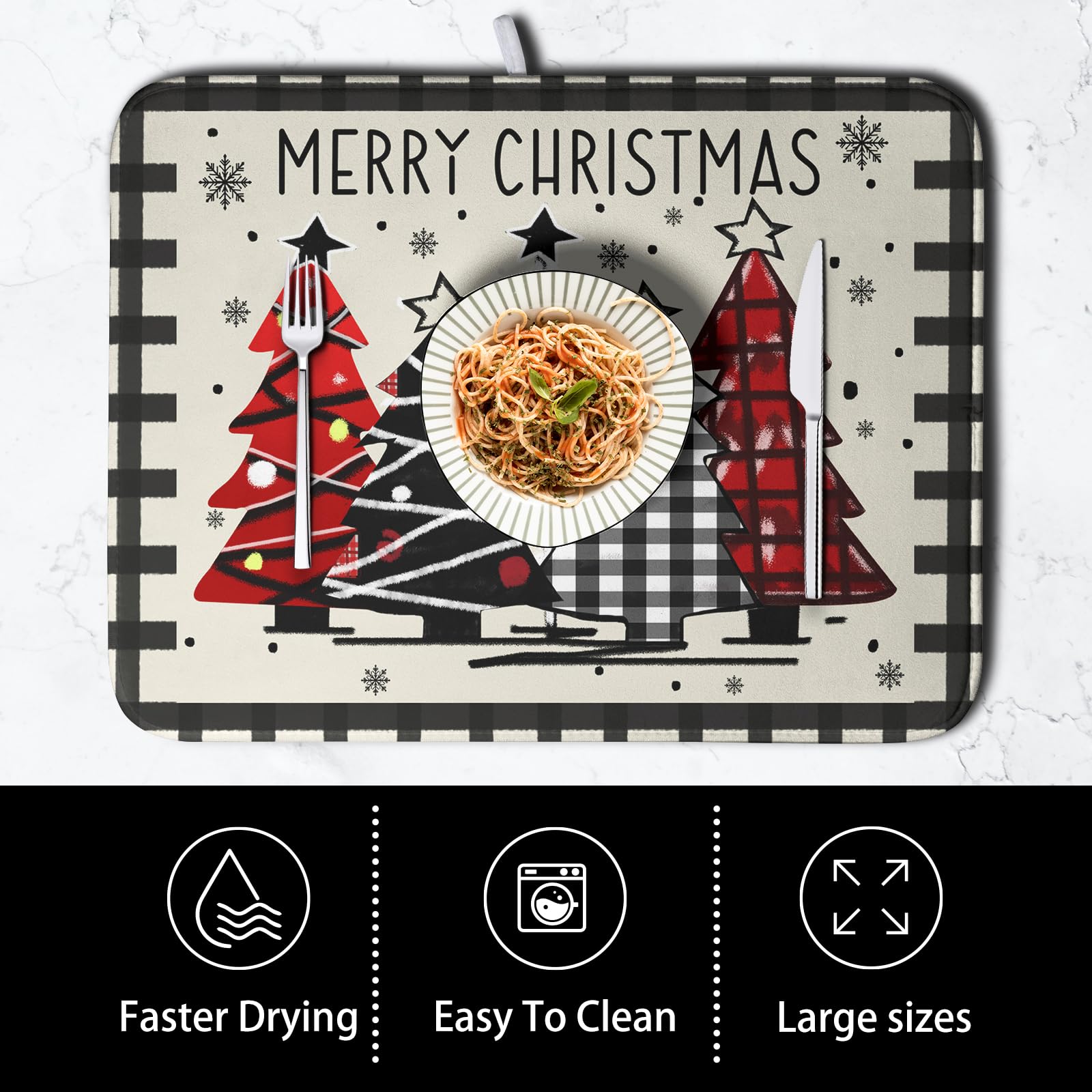 Kwlegh Merry Christmas Dish Drying Mats for Kitchen Counter 16x18 Buffalo Plaid Christmas Tree Microfiber Absorbent Drying Mat S