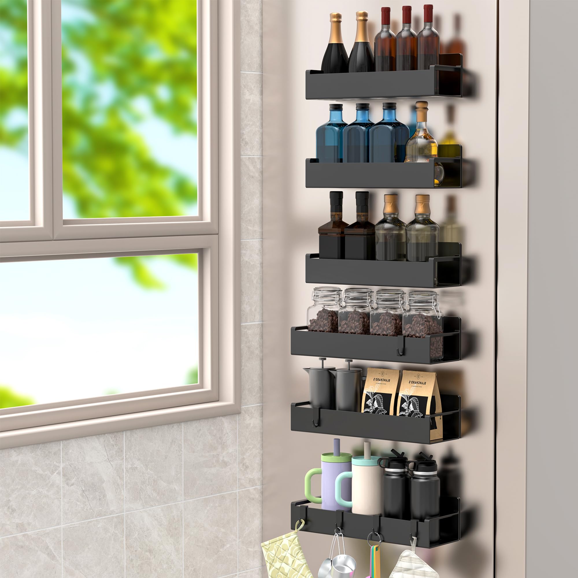 HuggieGems 6 Pack Magnetic Spice Rack Organizer for Refrigerator and Oven, Matt Black Fridge Organizers and Storage for Kitchen
