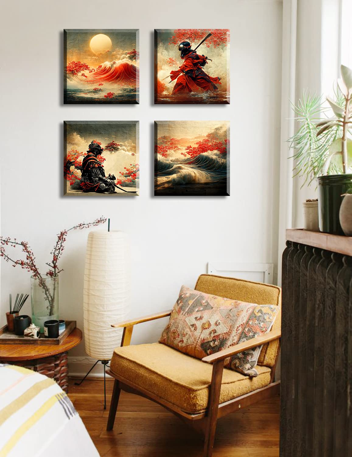 JiazuGo Japanese Wall Art - Japanese Armored Samurai art Painting Anime Posters Wall Decor Asian Warrior Figure Decor for Home Red Plum Blossom Vintage Canvas Ocean Decor Modern Living Room Bedroom