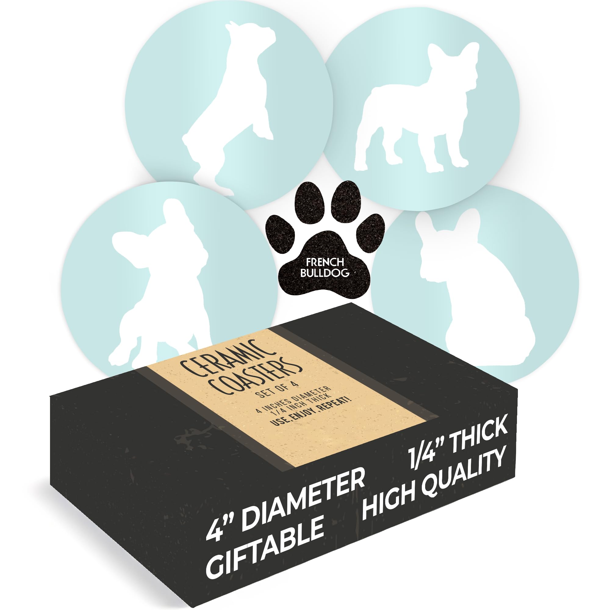 Greenline Goods French Bulldog Lovers Ceramic Drink Coasters - Set of 4 Frenchie Dog Coasters with Protective Cork Bottom and Metal Stand - French Bulldog Decor for French Bulldog Moms & Dads