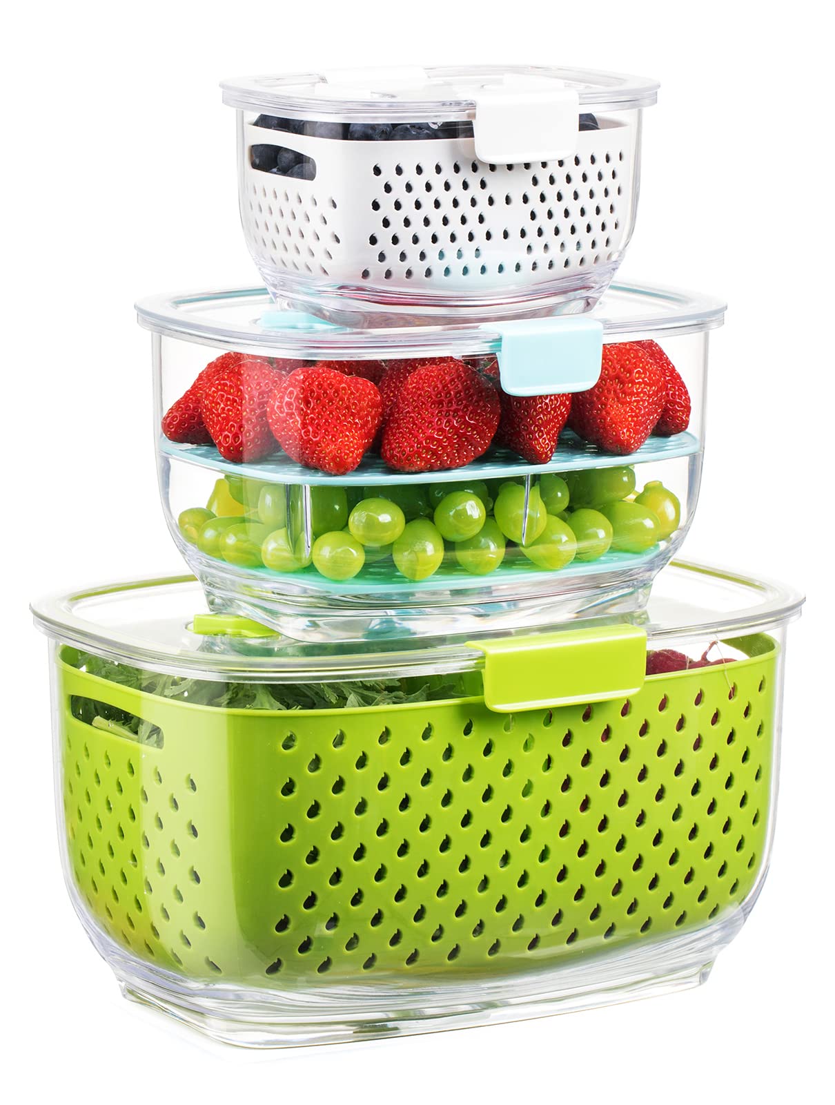 Luxear Fresh Produce Vegetable Fruit Storage Containers 3Piece Set, Bpa-Free Fridge Storage Container, Partitioned Salad Contain