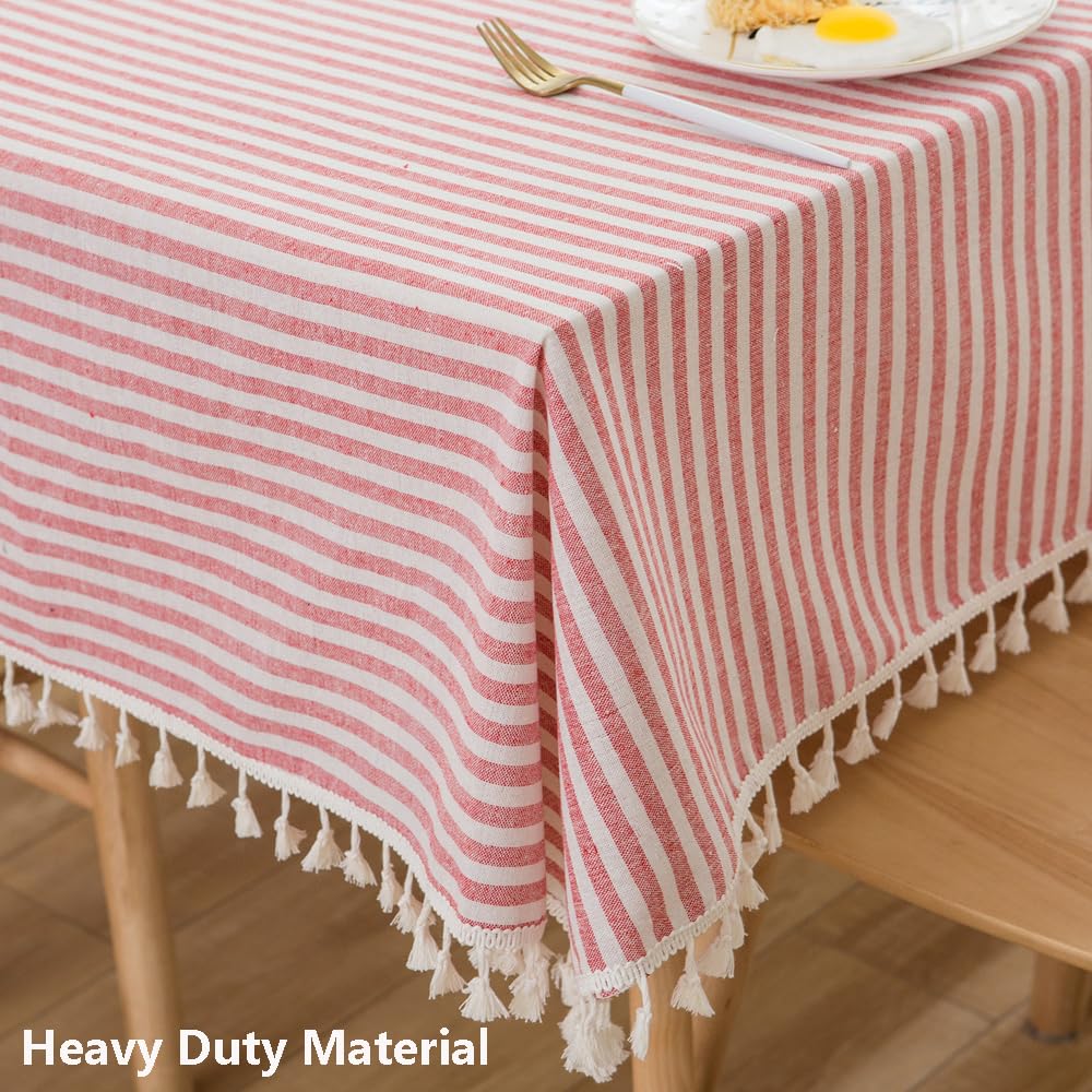 Trudelve Cotton Linen Table Cloth Stripe Tassel Rectangle Tablecloth Dust-Proof Table Cover For Kitchen Dinning Tabletop Decorat