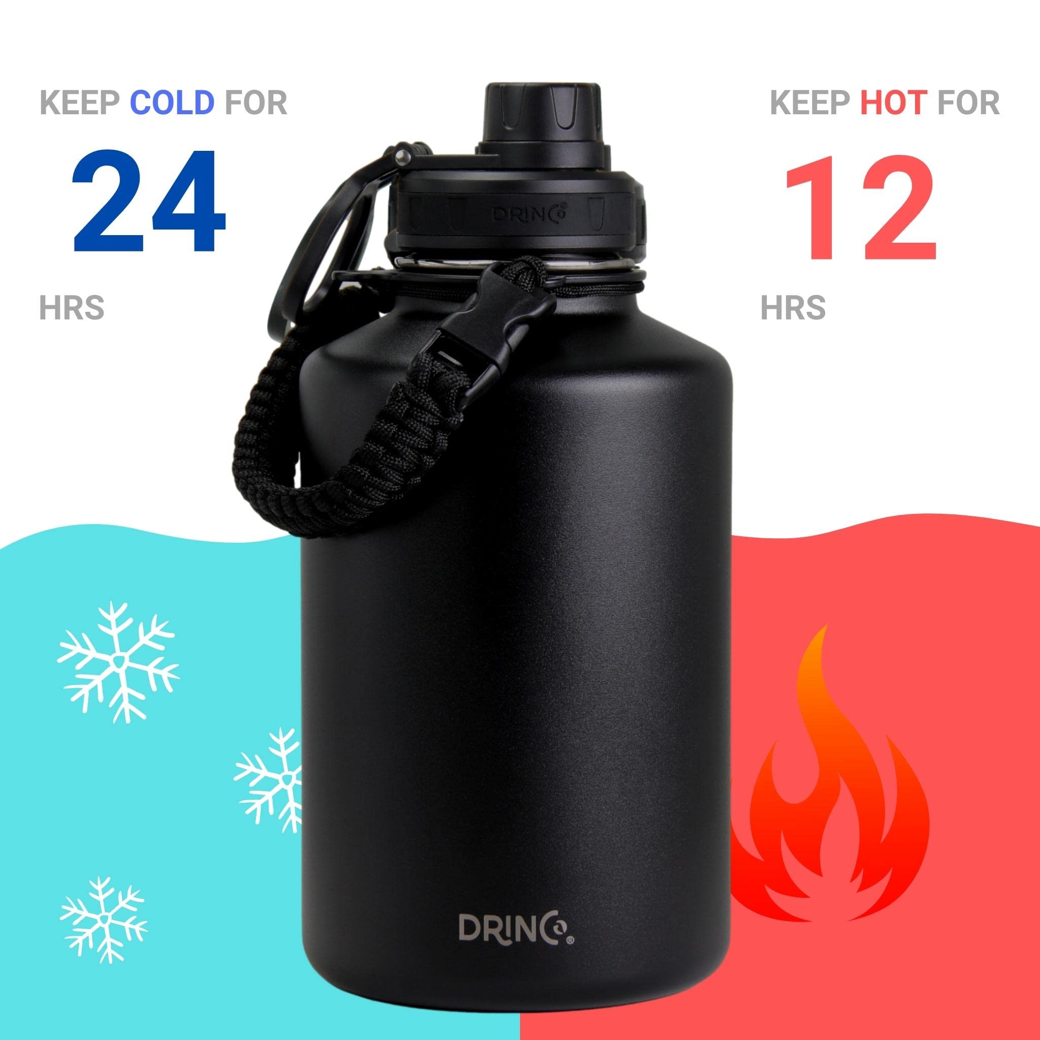 Drinco Stainless Steel Water Bottle Spout Lid Vacuum Insulated Double Wall Water Bottles Wide Mouth (64Oz 40Oz 32Oz 22Oz 18Oz 14