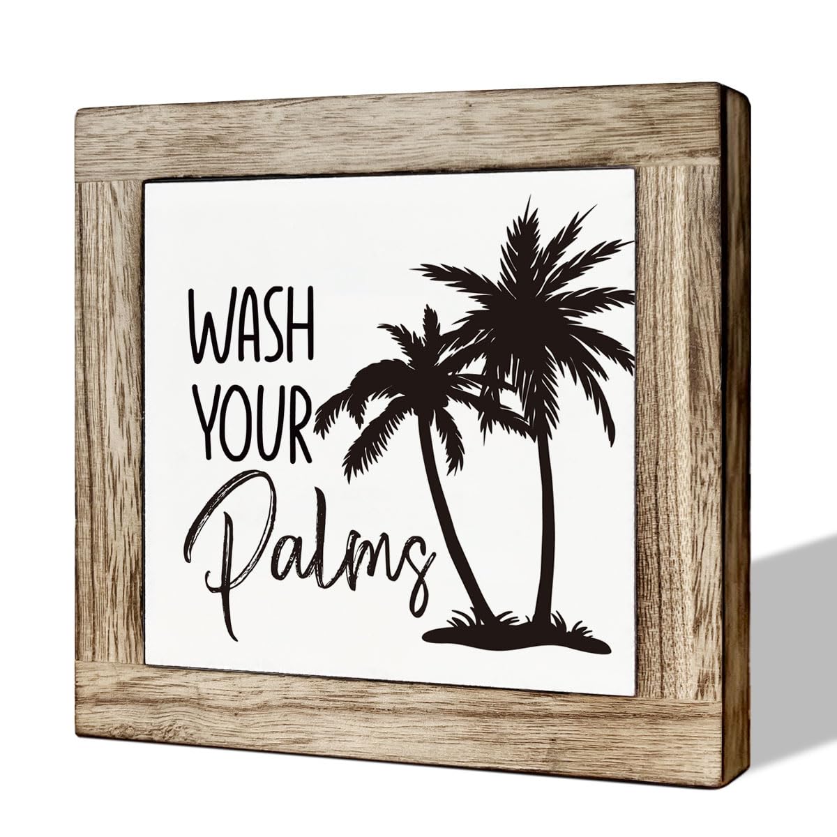 Wooden Box Sign for Bathroom Decor - Farmhouse Tabletop Washroom Decor, Tropical and Coastal Style - B6-68 Wash Your Palms Sign