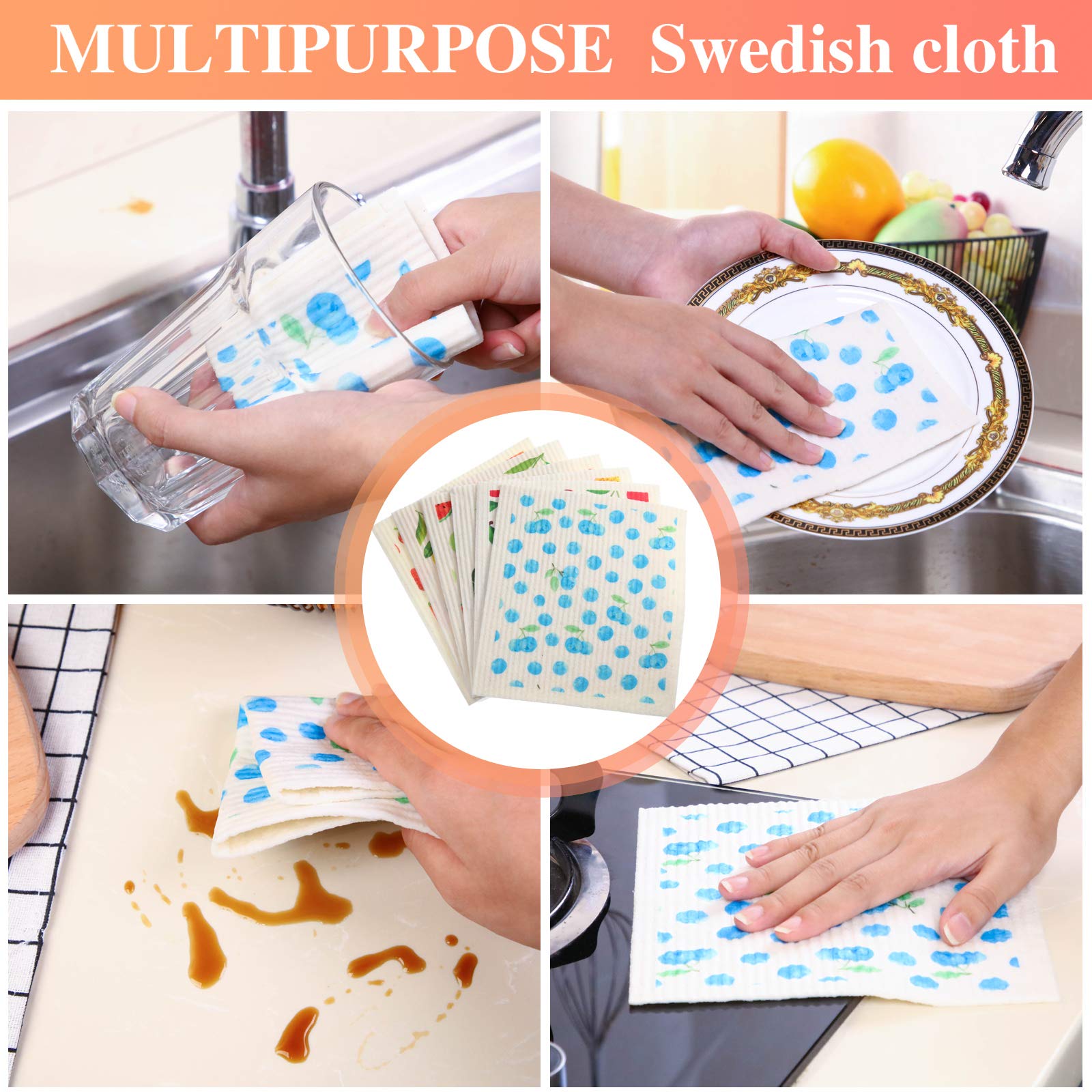 Mixed Fruit Swedish Kitchen Dishcloths Reusable Dish Towels Absorbent And Fast Dry Cleaning Cloths For Kitchen Blueberry Cherry