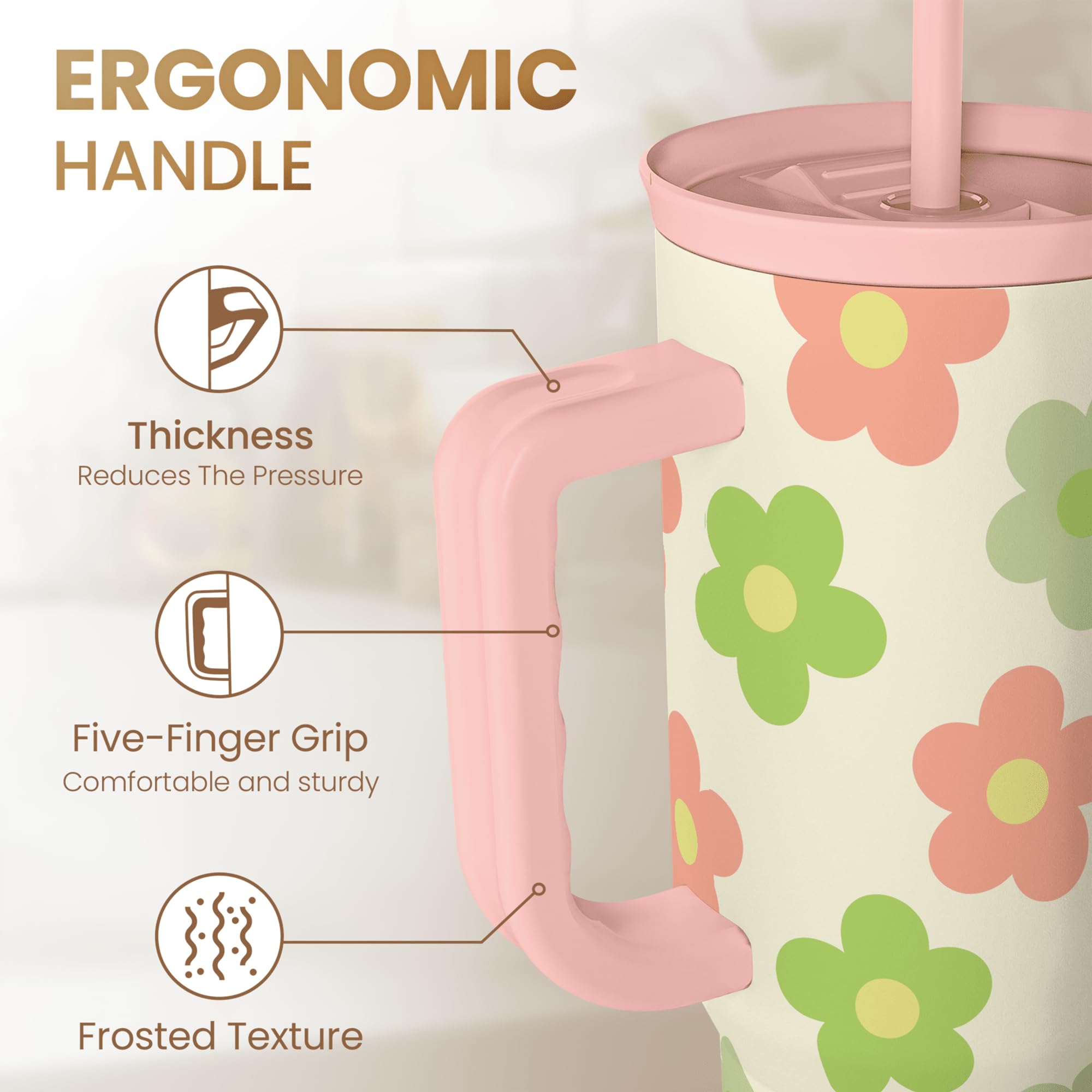 SANDJEST Daisy Tumbler with Handle 40oz, Floral Cup Stainless Steel Insulated Tumblers Coffee Travel Mug with Straw, Flower Cups