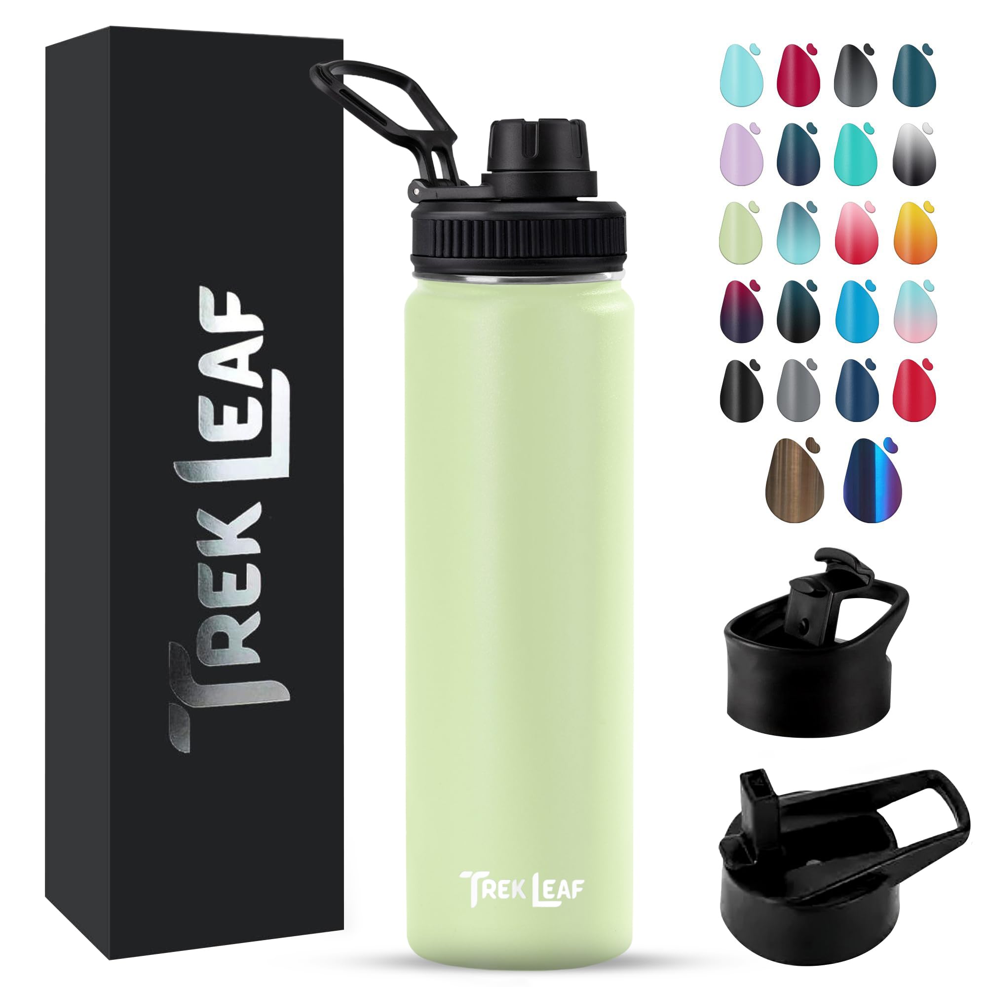 Trek Leaf Travel Water Bottle with 3 Lids (Spout, Straw, Flip) Leak Proof, Quality, Vacuum Insulated, Stainless Steel (Sage Spro