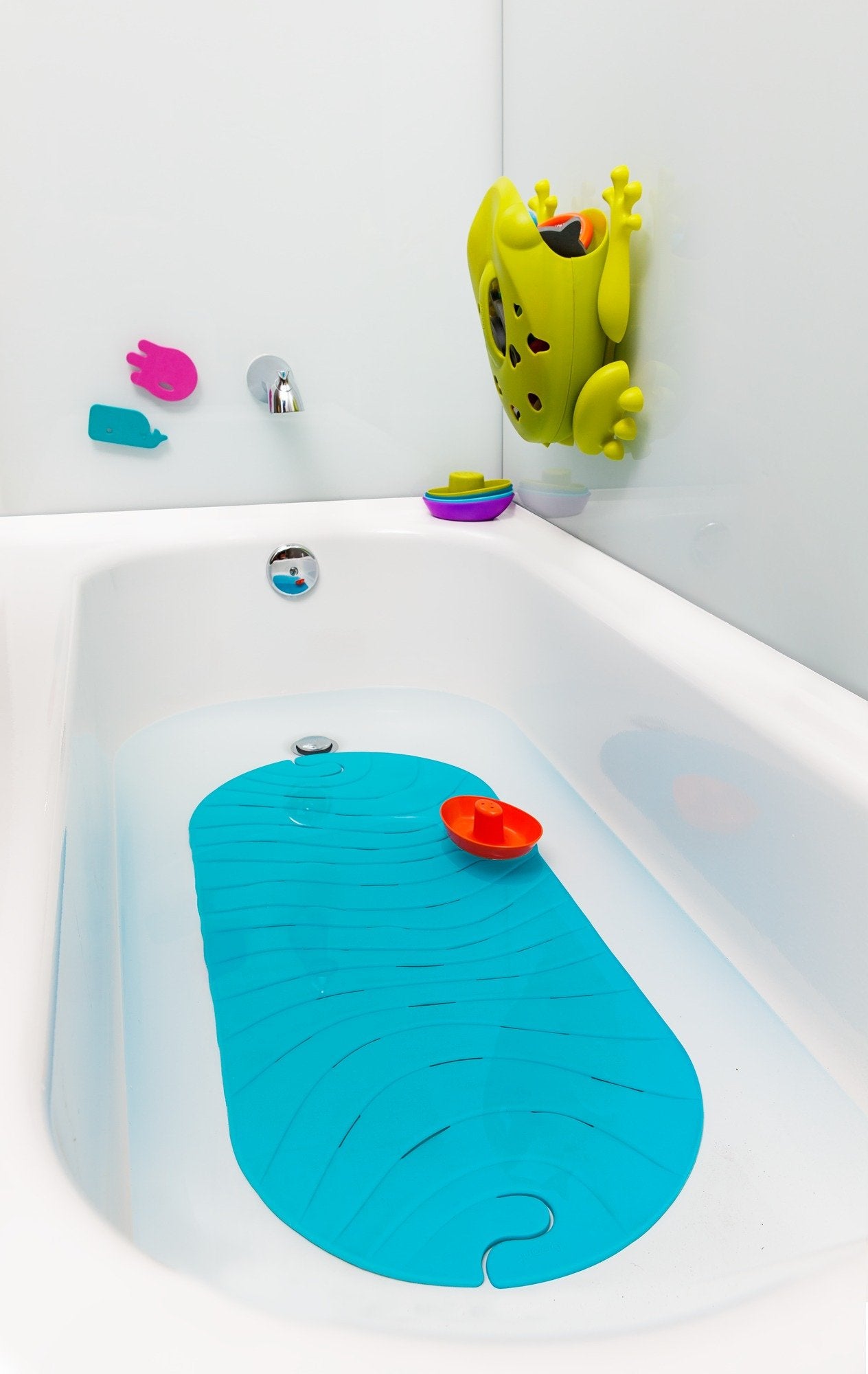 Boon B11192 Ripple Textured Non Slip Baby Bath Tub Mat With Hanging Hook And Drain Holes, Blue