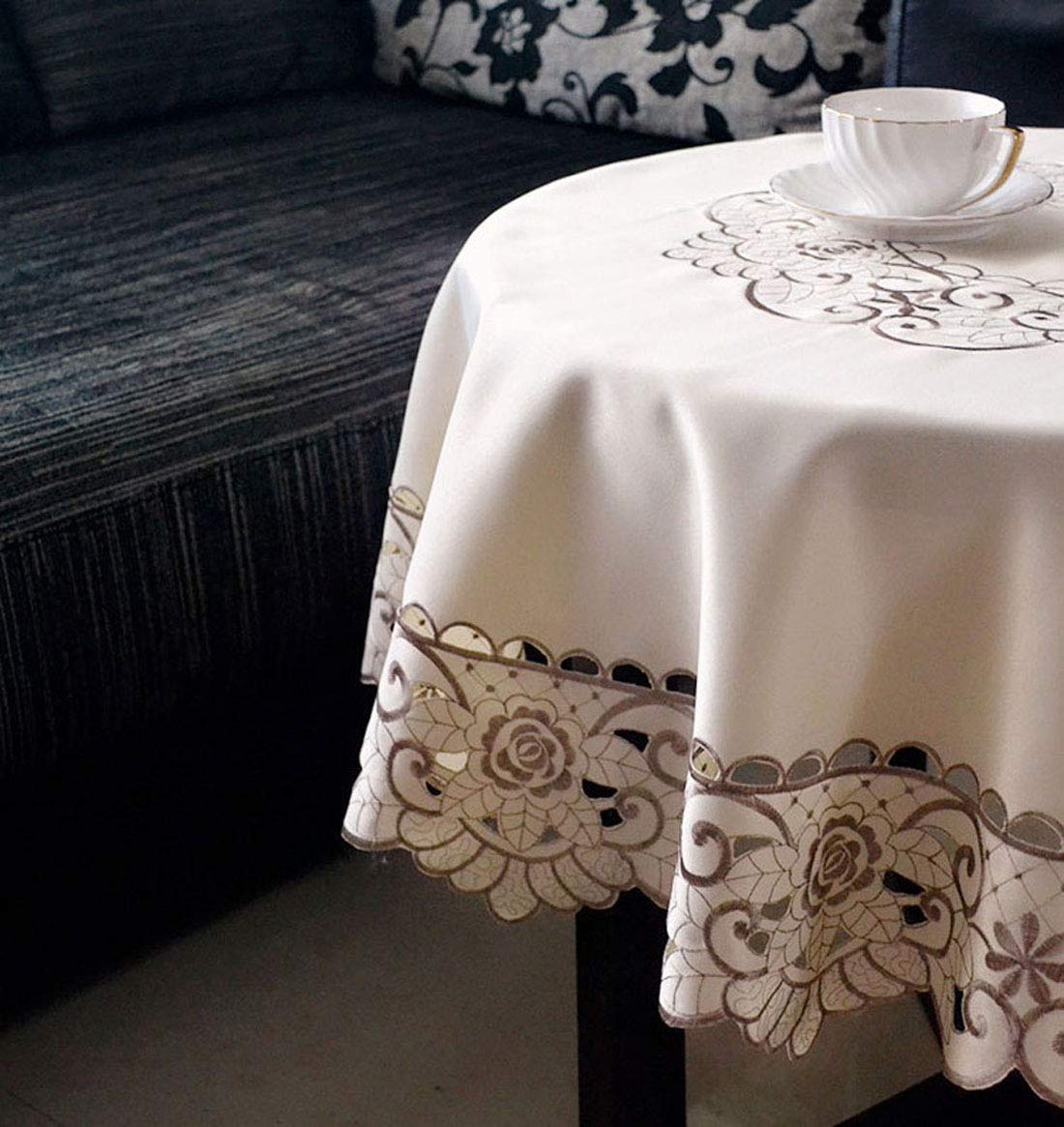 Lelehome 57'' Round Brown Flower Embroidered Beige Tablecloth, Classic Vintage Damask Lace White Table Cloth For Home Kitchen Re