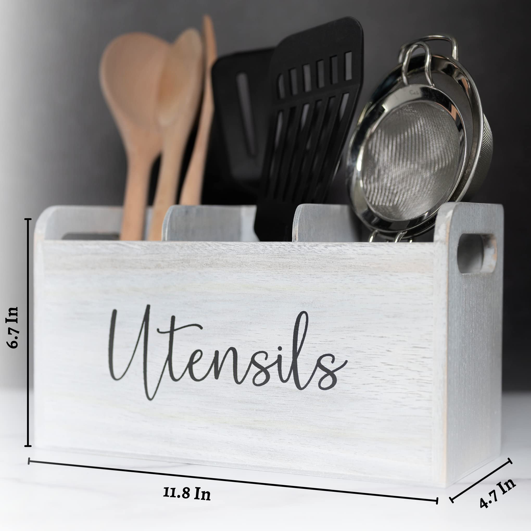 Elevated Haven White Kitchen Utensil Holder |3 Compartments 12In X 5In X 7In | Wooden Utensil Holder | Utensil Holder For Counte