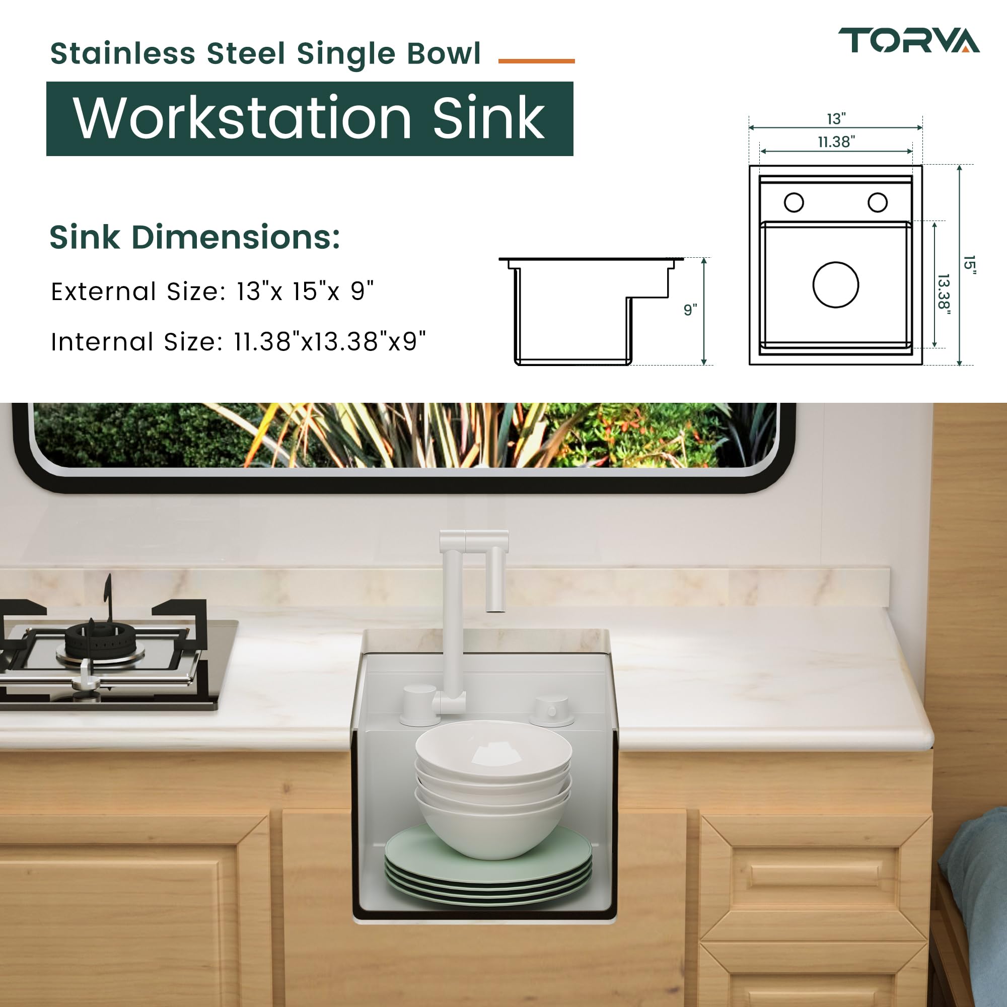 Torva Rv Kitchen Sink, 13 X 15 X 9 Inch Undermount Bar Sink 16 Gauge Stainless Steel Single Bowl Sink With Foldable Faucet Cutti