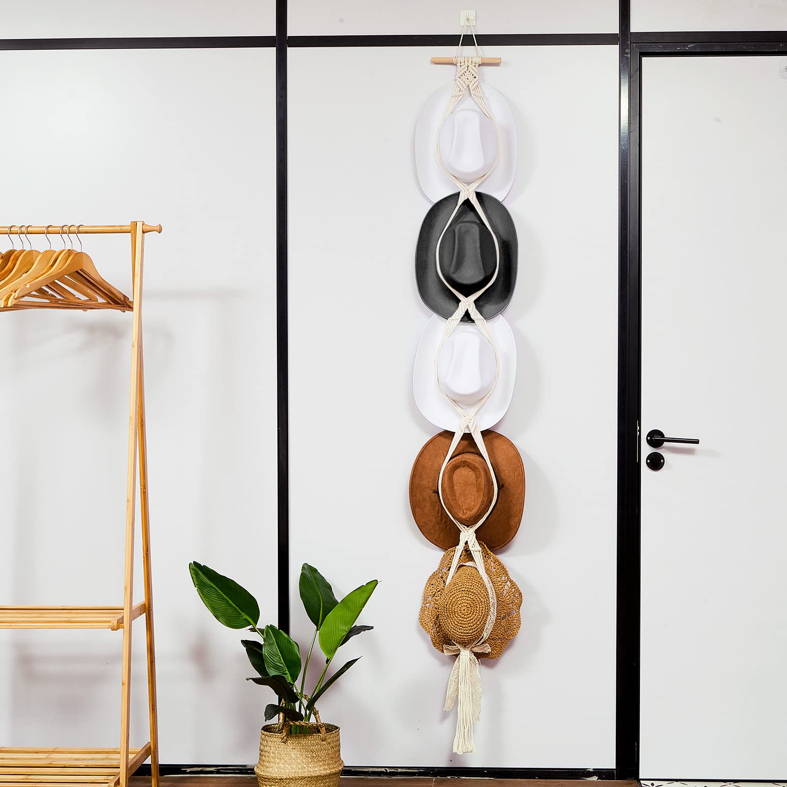 Yulejo Macrame Hat Hangers Boho Hat Rack Cowboy Hat Hanger Back Of Door Hat Organizer (White,Five Hats Style)