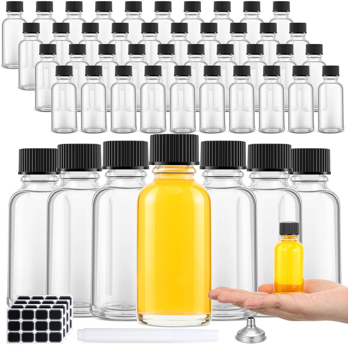 Hsei 48 Pcs 1 Oz Glass Bottle With Black Cap Clear Sample Boston Round Bottle Small Glass Containers With Lids 1 Ounce Bottles W