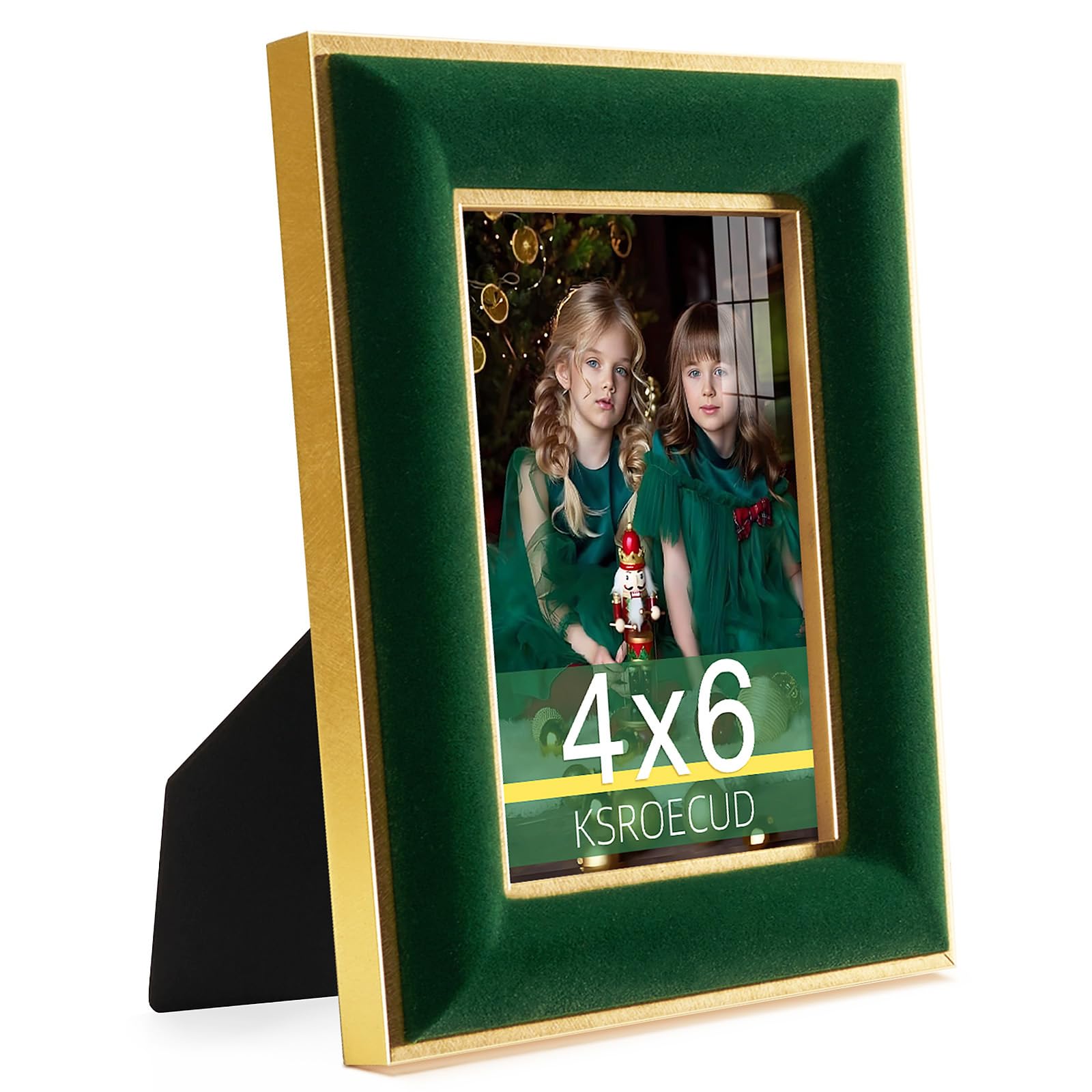 KSROECUD 4x6 Velvet Picture Frame, Green Velvet Photo Frames with Vintage Gold Border, HD Real Glass Horizontal & Vertical Displ