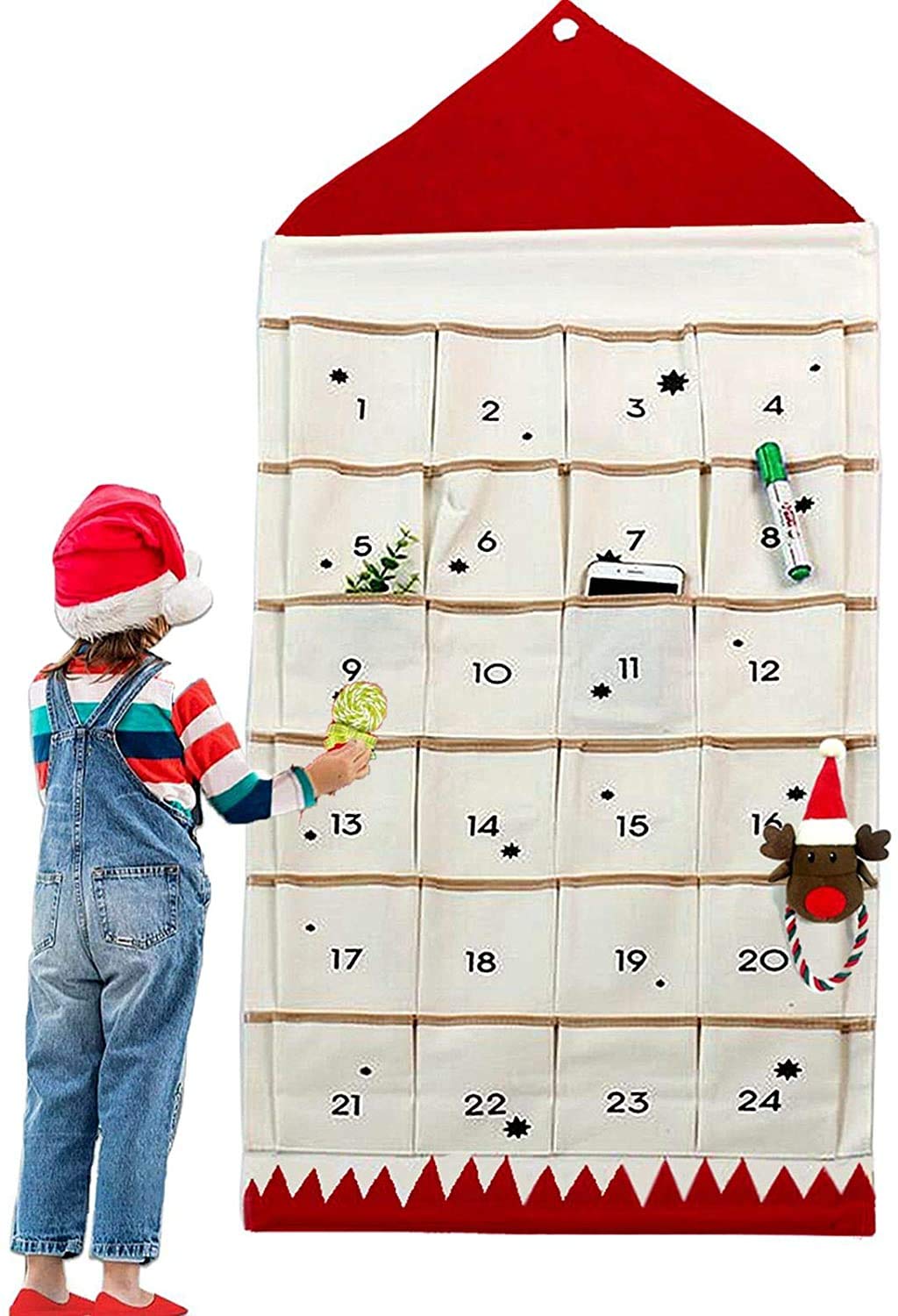 Christmas Advent Calendar with Pockets Wall Hanging Bag for Home Xmas Countdown Decoration (Red)