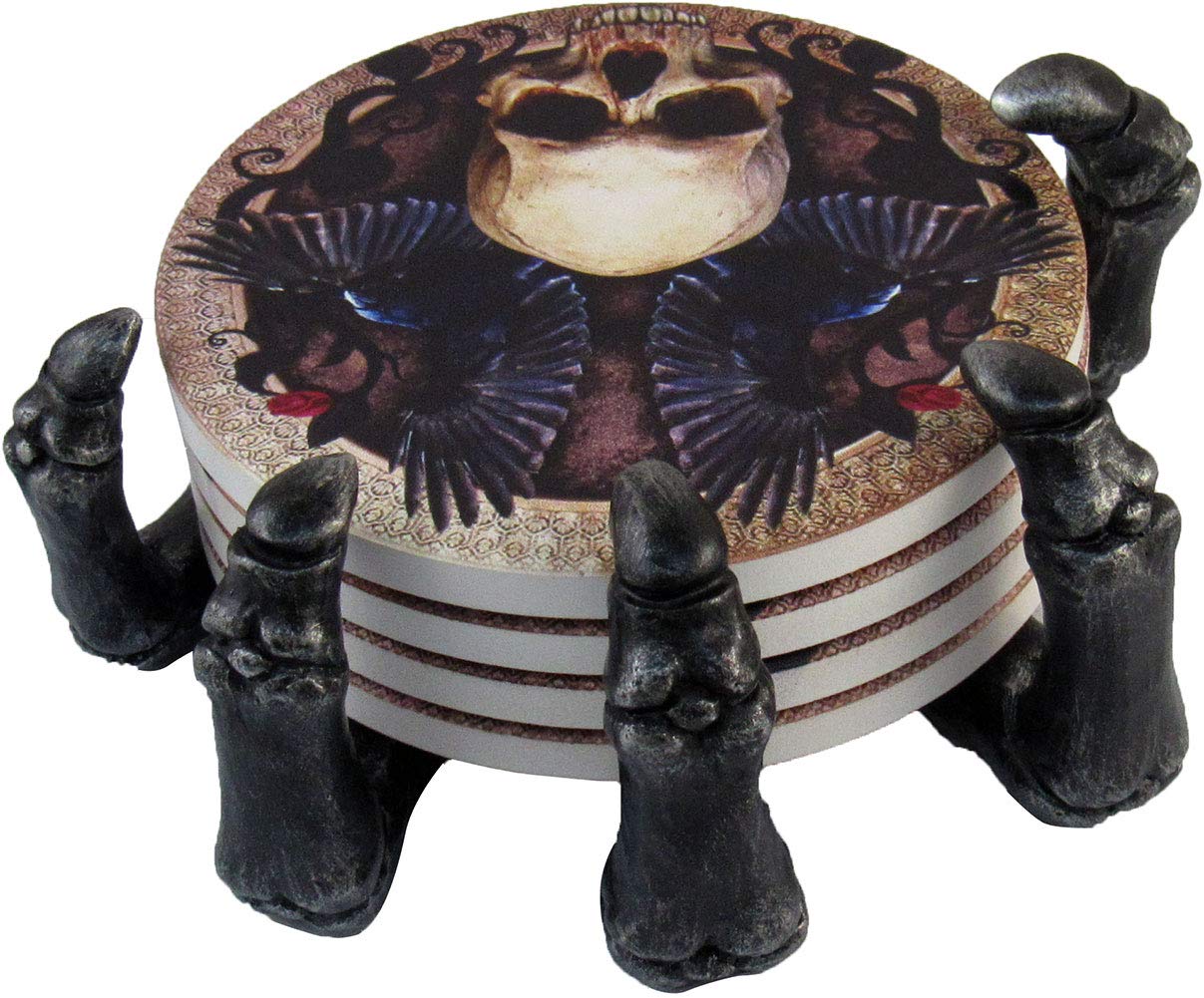 Dwk - Helping Hand - Beautiful Gothic Skull Beverage Coasters With Creepy Skeleton Hand Holder For Halloween Home Kitchen Dining