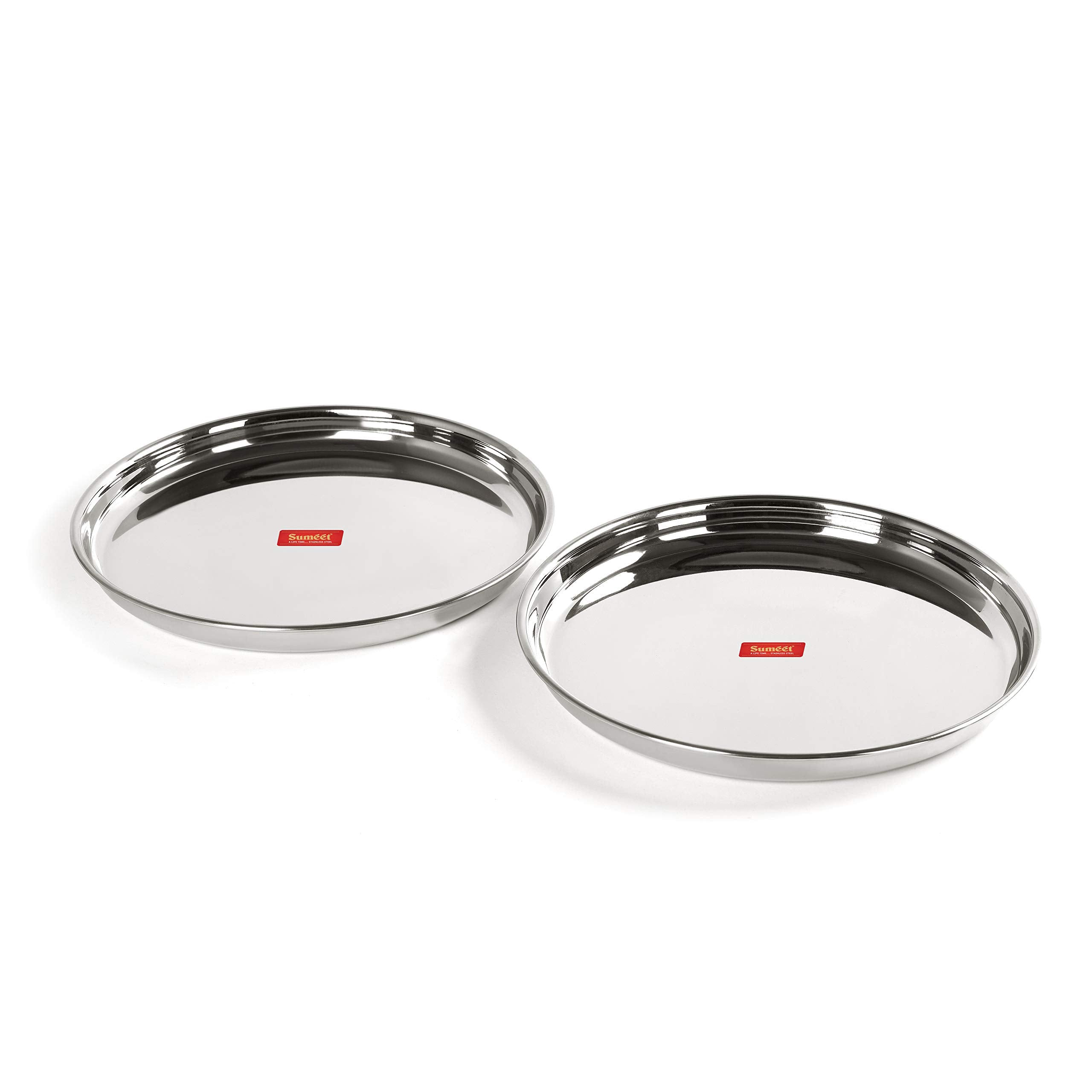 Sumeet Stainless Steel Heavy Gauge Deep Wall Dinner Plates With Mirror Finish 31.3Cm Dia - Set Of 2Pc