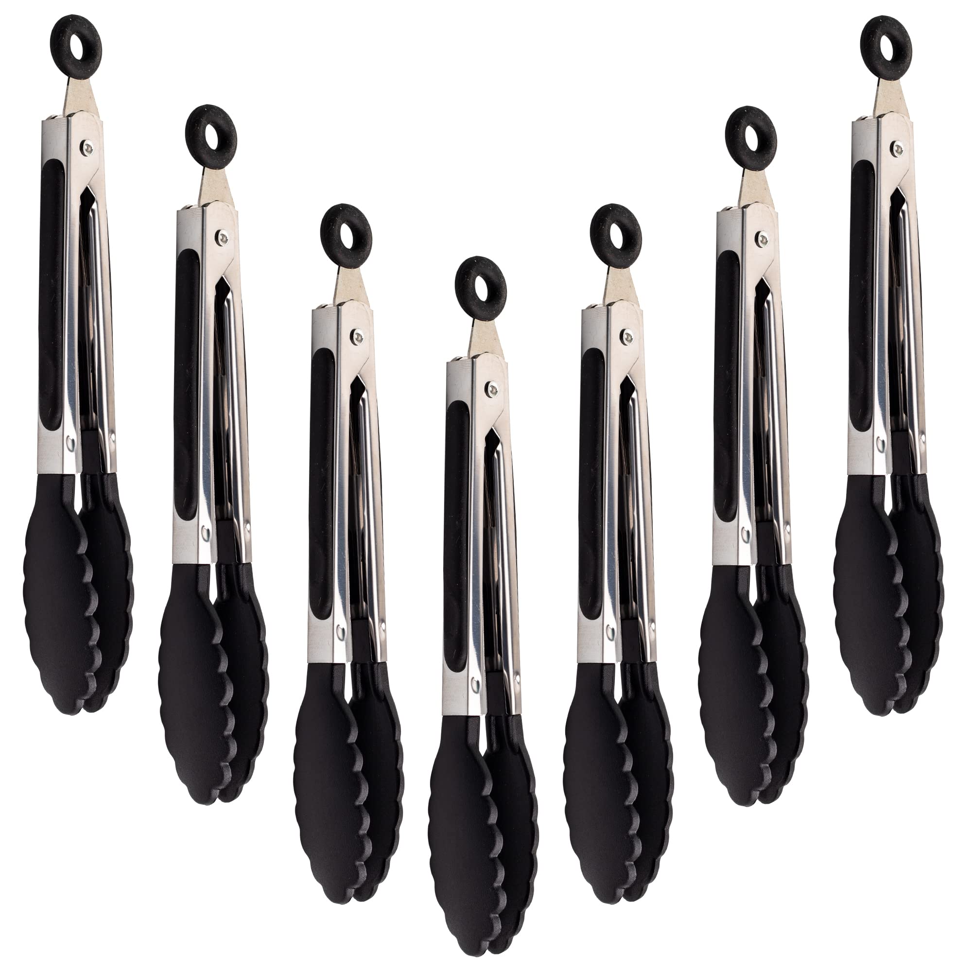 Winning Team 7 Pack Kitchen Tongs Set 7-Inch Black Mini Small Food Tongs With Stainless Steel Silicon Handles And Nylon Tips Hea