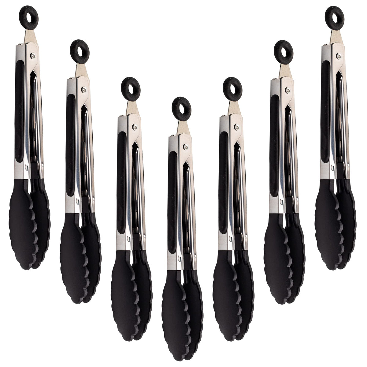Winning Team 7 Pack Kitchen Tongs Set 7-Inch Black Mini Small Food Tongs With Stainless Steel Silicon Handles And Nylon Tips Hea