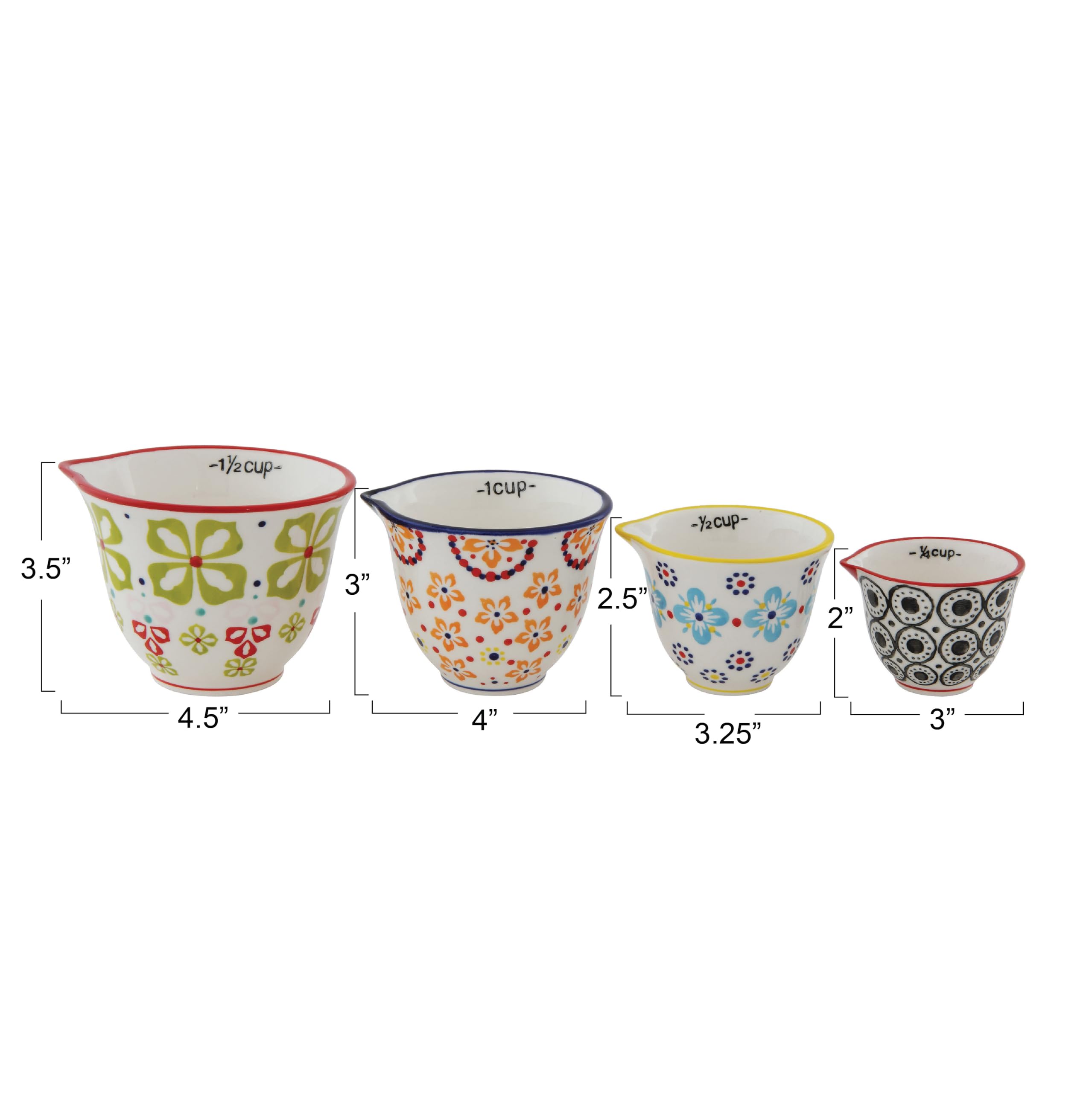 Creative Co-Op Floral Hand Stamped Stoneware Measuring Cups (Set Of 4 Sizes/Designs)